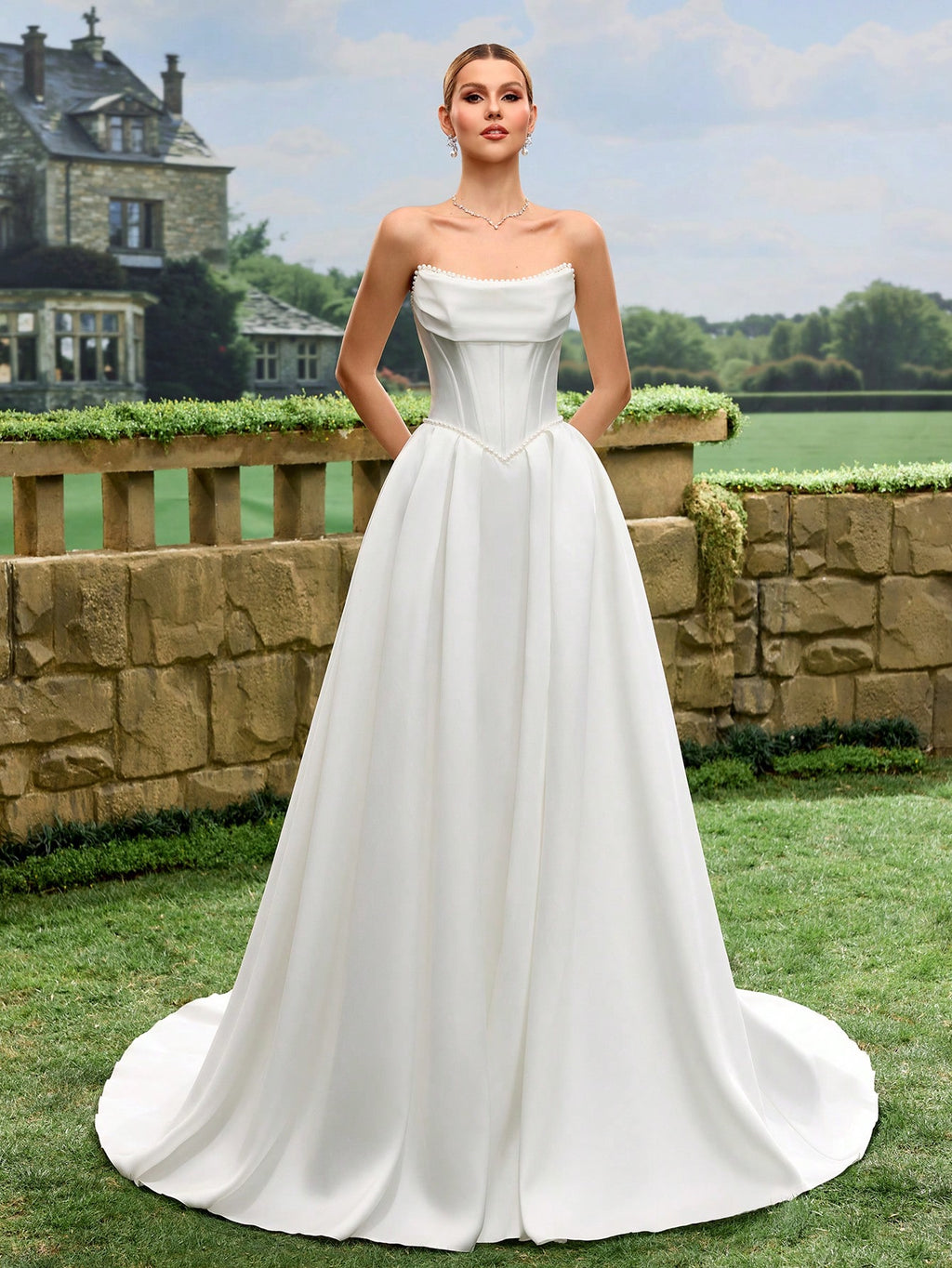 Elegant, Noble And Cute White Satin Faux Pearl Decor Style A-Line White Wedding Dress Bridal Gown With Train - image 7
