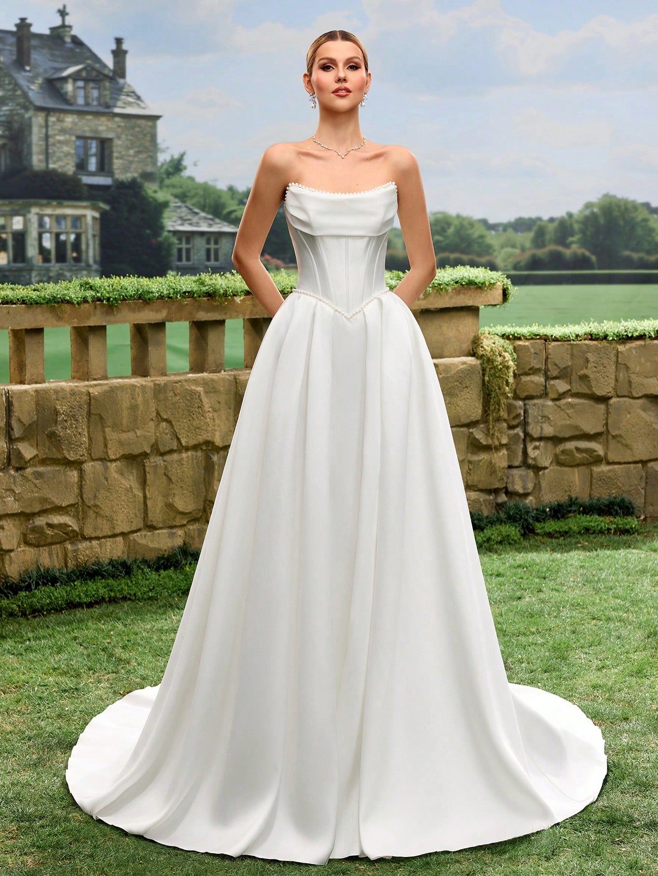 Elegant, Noble And Cute White Satin Faux Pearl Decor Style A-Line White Wedding Dress Bridal Gown With Train - image 7
