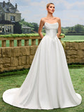 Elegant, Noble And Cute White Satin Faux Pearl Decor Style A-Line White Wedding Dress Bridal Gown With Train