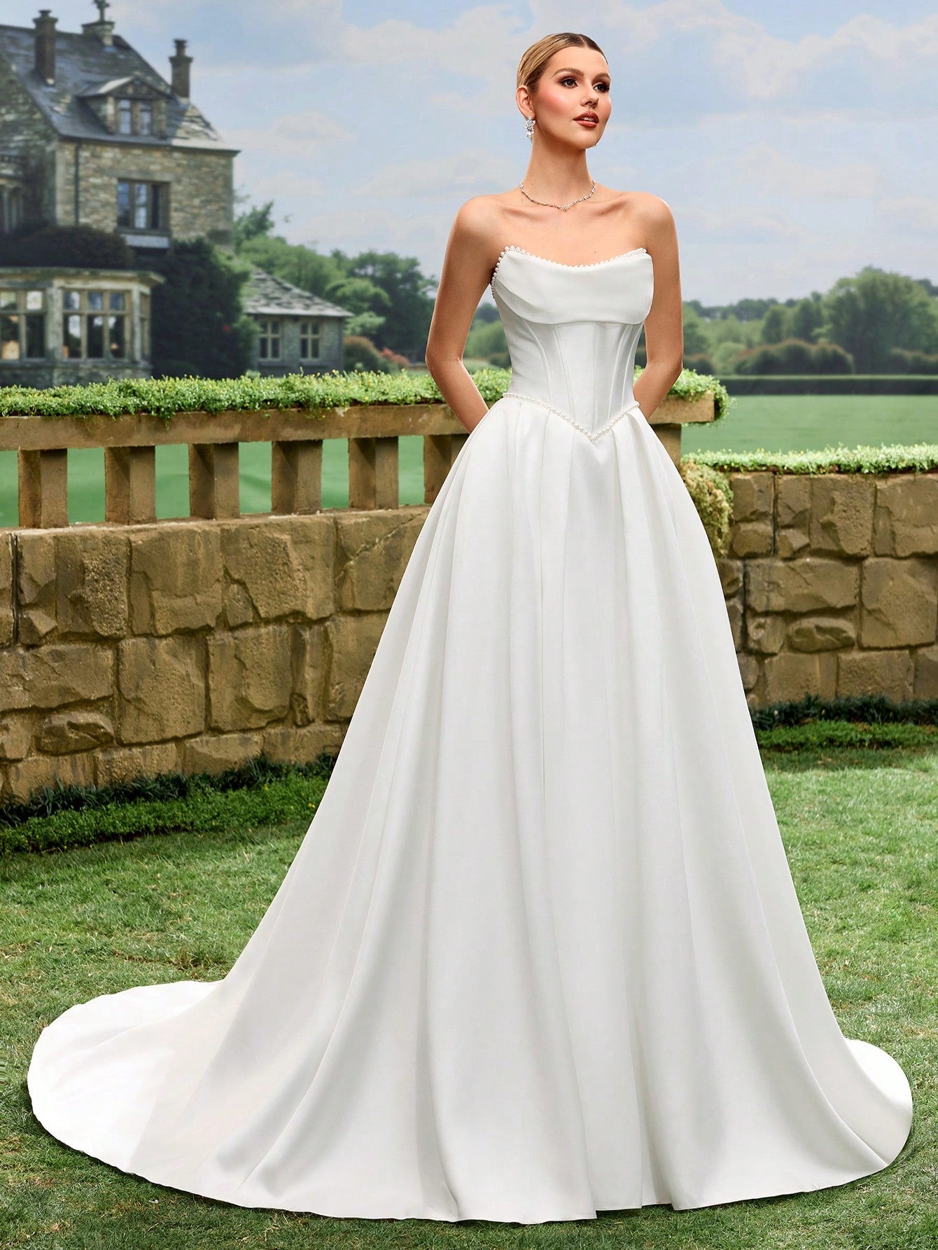 Elegant, Noble And Cute White Satin Faux Pearl Decor Style A-Line White Wedding Dress Bridal Gown With Train
