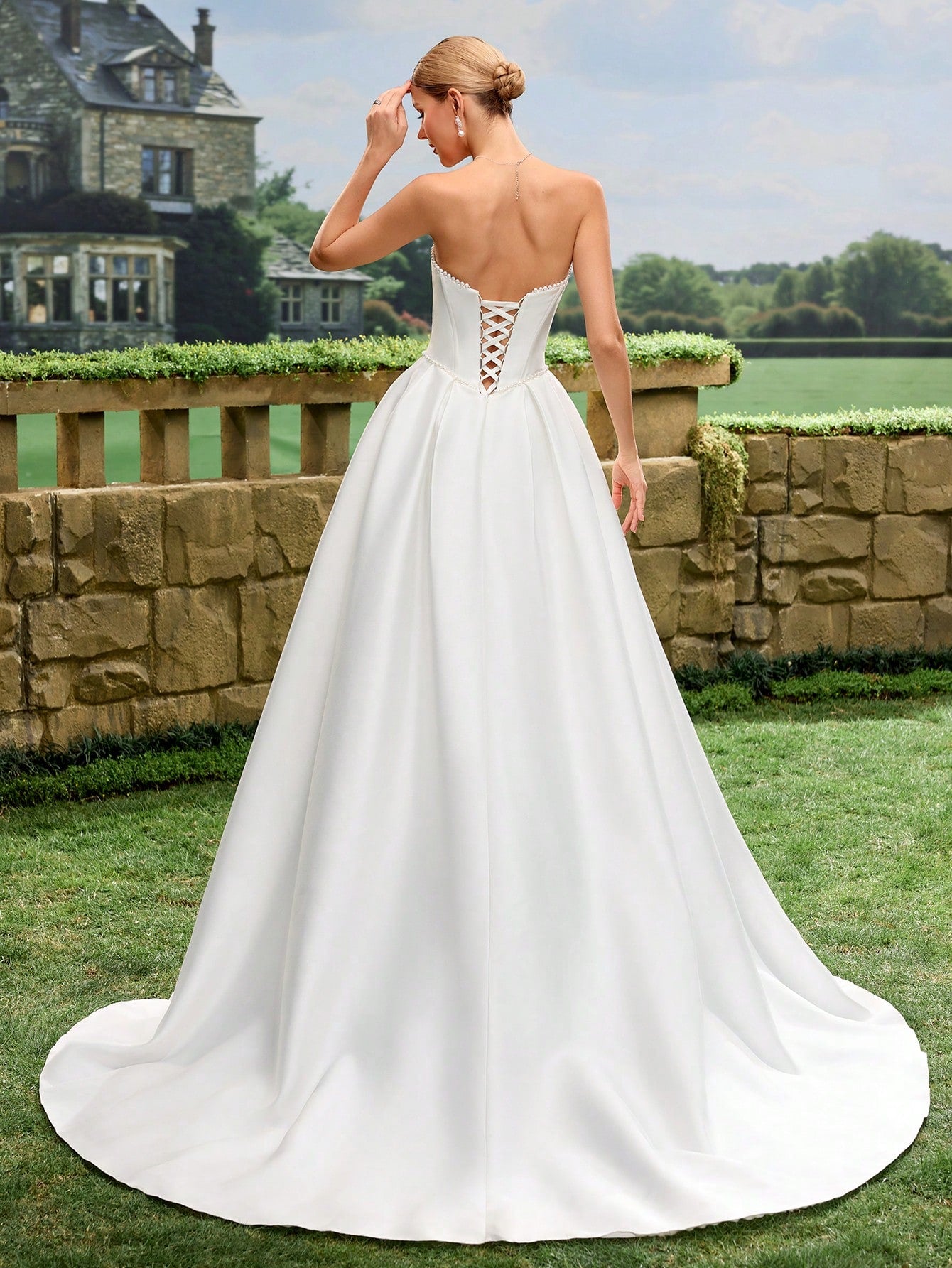 Elegant, Noble And Cute White Satin Faux Pearl Decor Style A-Line White Wedding Dress Bridal Gown With Train - image 6