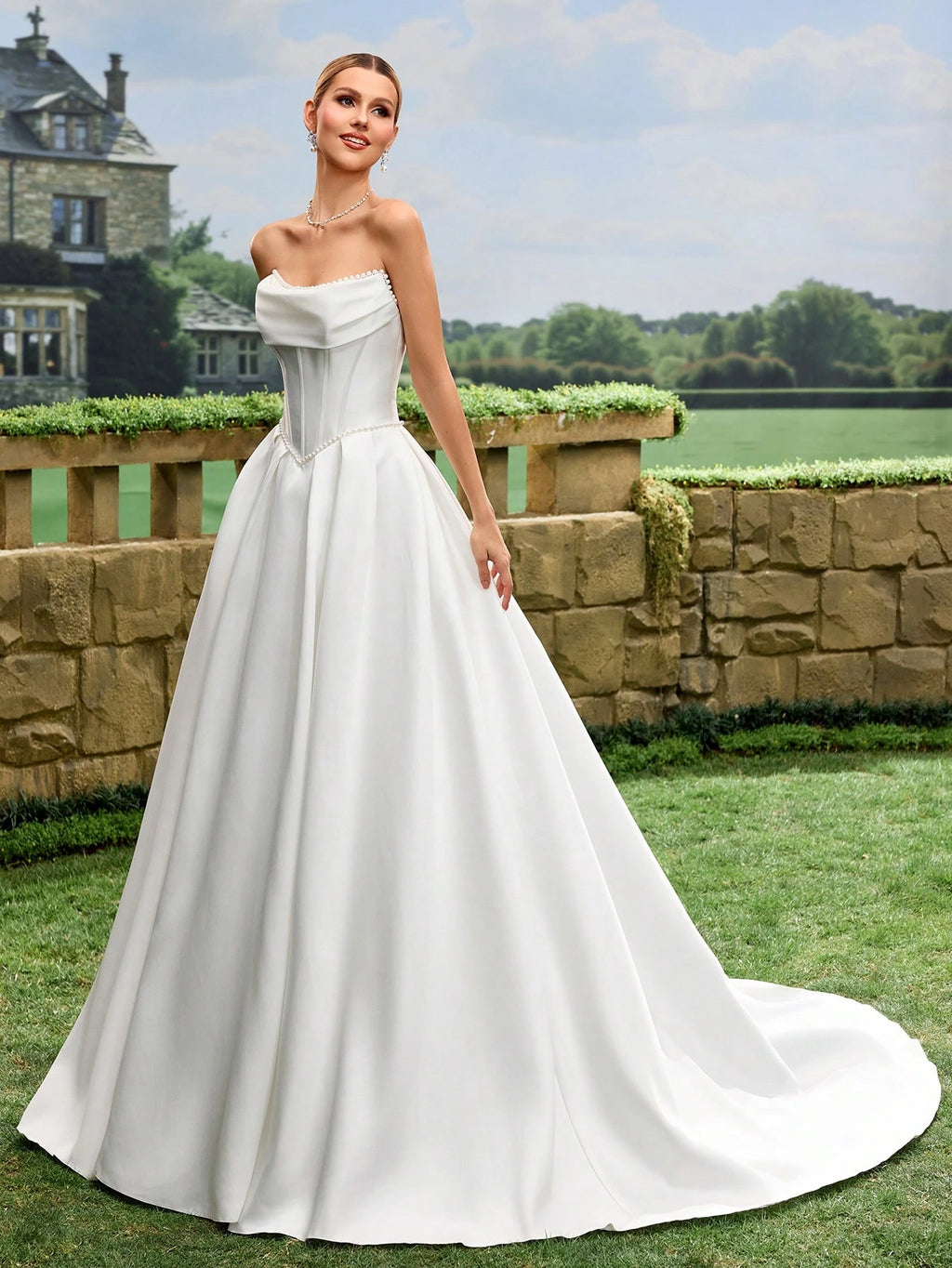 Elegant, Noble And Cute White Satin Faux Pearl Decor Style A-Line White Wedding Dress Bridal Gown With Train - image 3