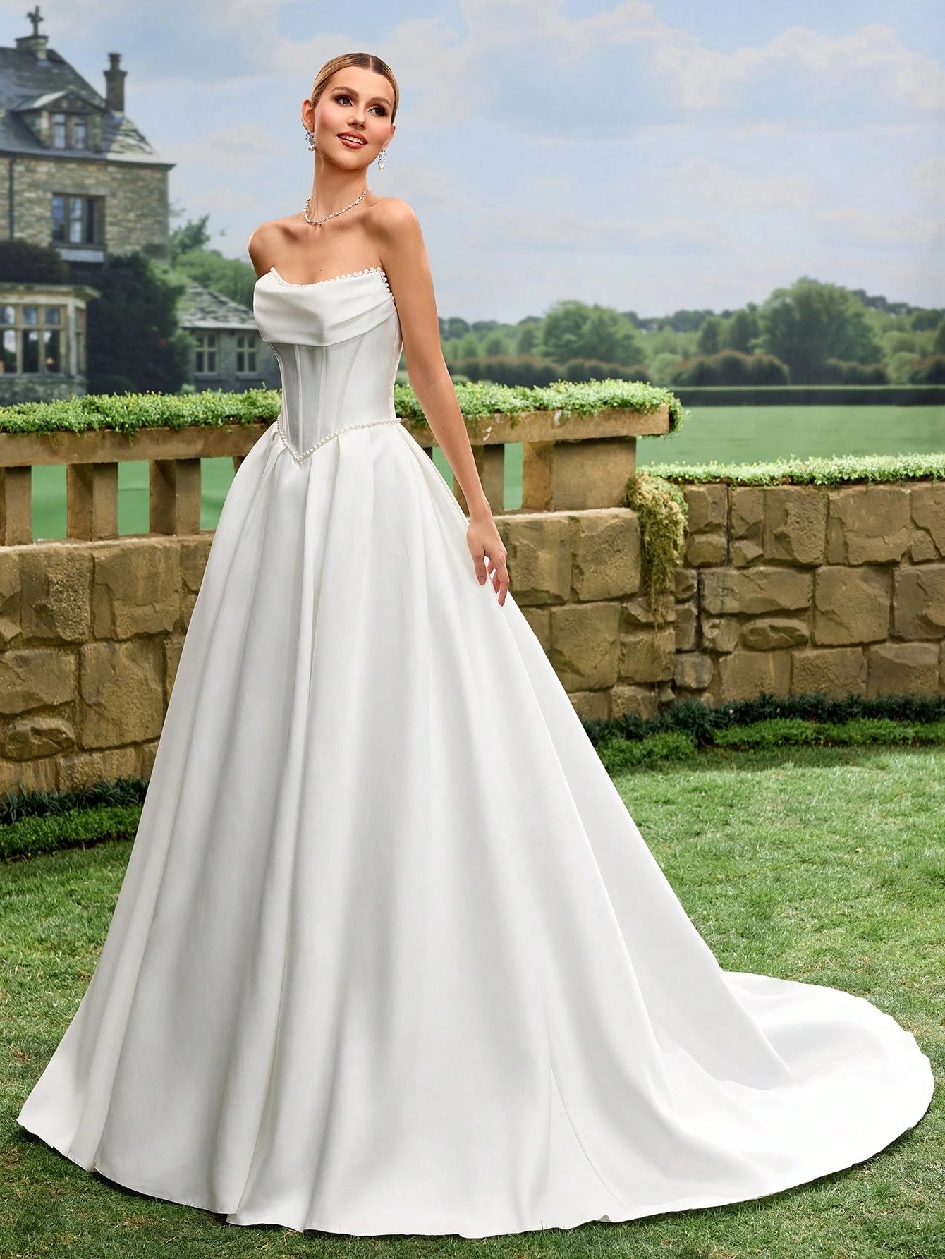 Elegant, Noble And Cute White Satin Faux Pearl Decor Style A-Line White Wedding Dress Bridal Gown With Train - image 3