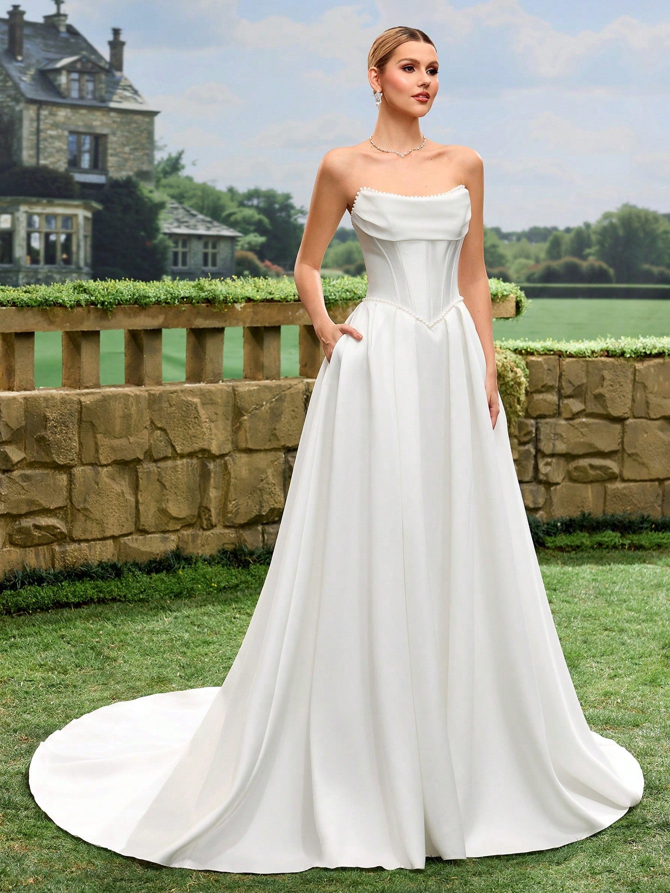 Elegant, Noble And Cute White Satin Faux Pearl Decor Style A-Line White Wedding Dress Bridal Gown With Train - image 2