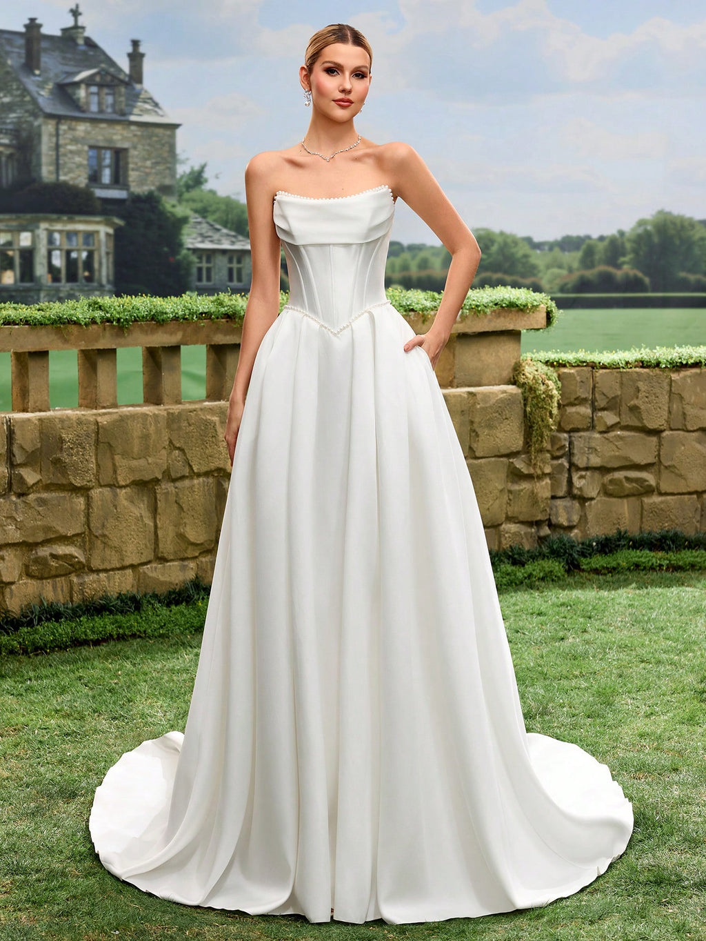 Elegant, Noble And Cute White Satin Faux Pearl Decor Style A-Line White Wedding Dress Bridal Gown With Train - image 9