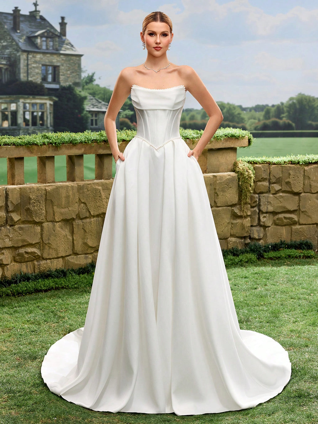 Elegant, Noble And Cute White Satin Faux Pearl Decor Style A-Line White Wedding Dress Bridal Gown With Train - image 8