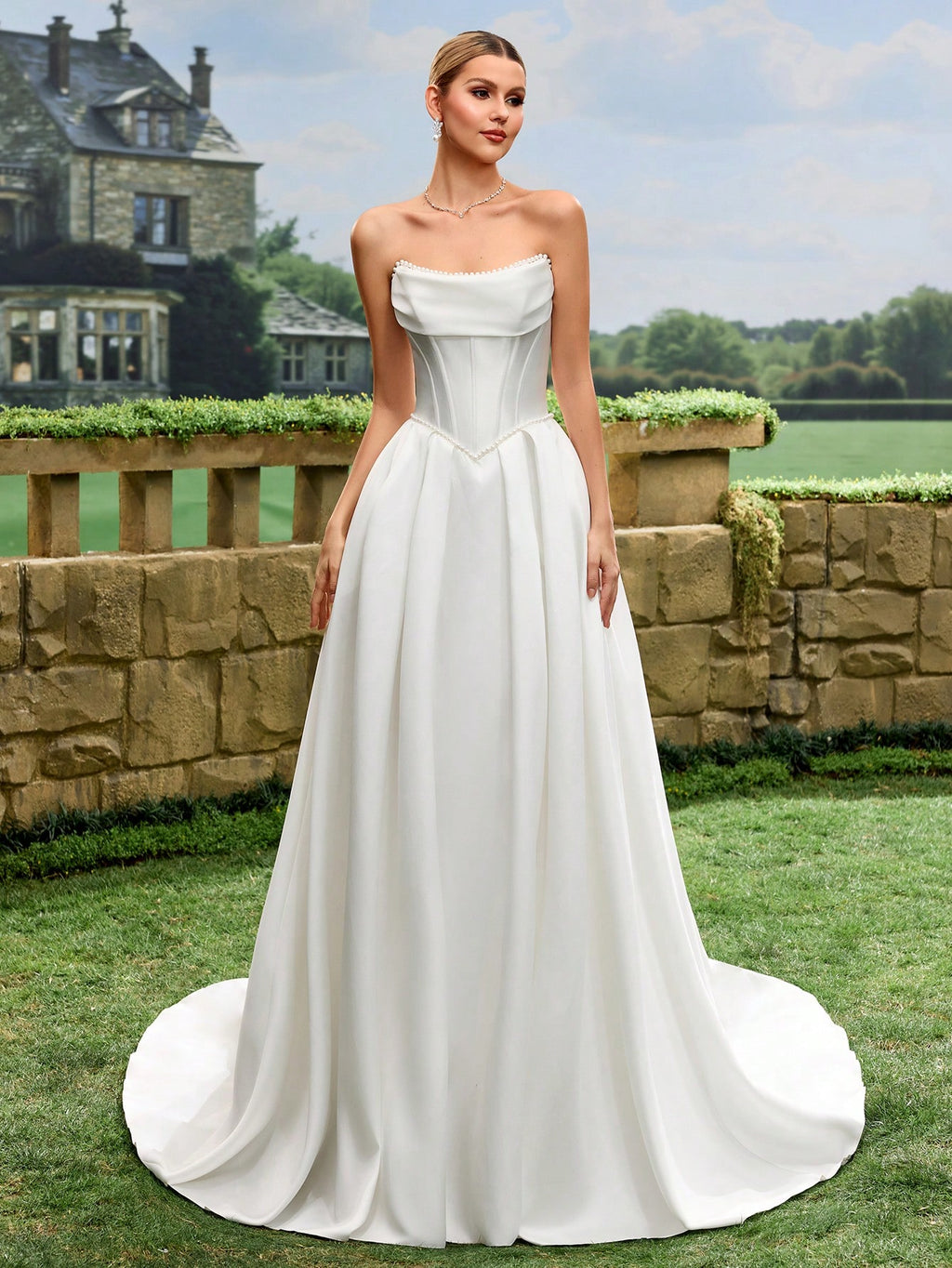 Elegant, Noble And Cute White Satin Faux Pearl Decor Style A-Line White Wedding Dress Bridal Gown With Train - image 10