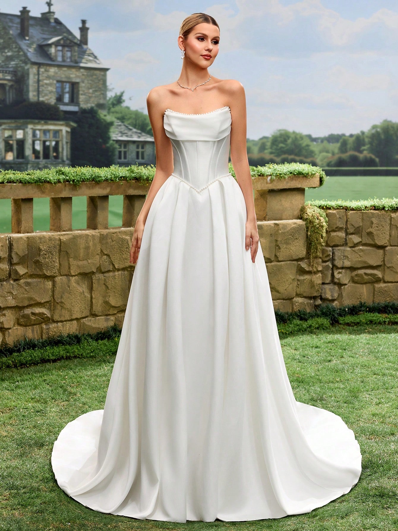 Elegant, Noble And Cute White Satin Faux Pearl Decor Style A-Line White Wedding Dress Bridal Gown With Train - image 10