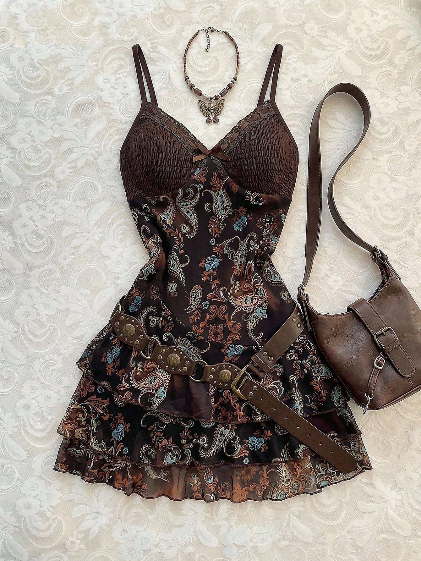 Flirla Women's Summer Dress In All Shades Of Brown,Floral Print & Paisley Pattern Mesh Panel Accents,Boho - image 9