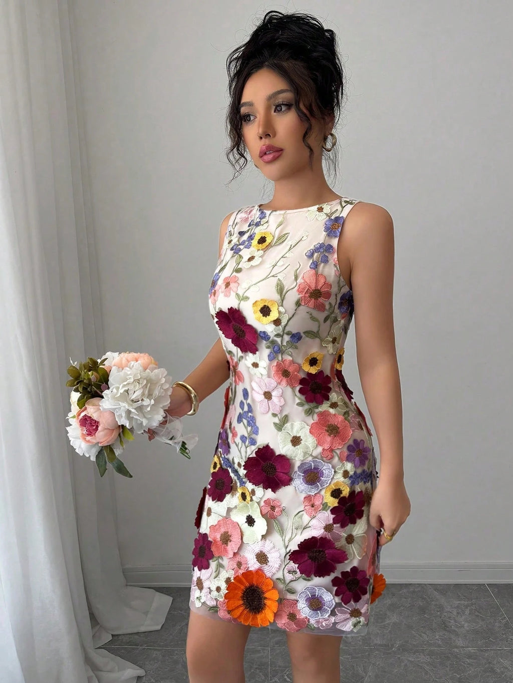Rafferiza Women Round Neck Sleeveless Elegant Floral Bodycon Mini Dress - image 5