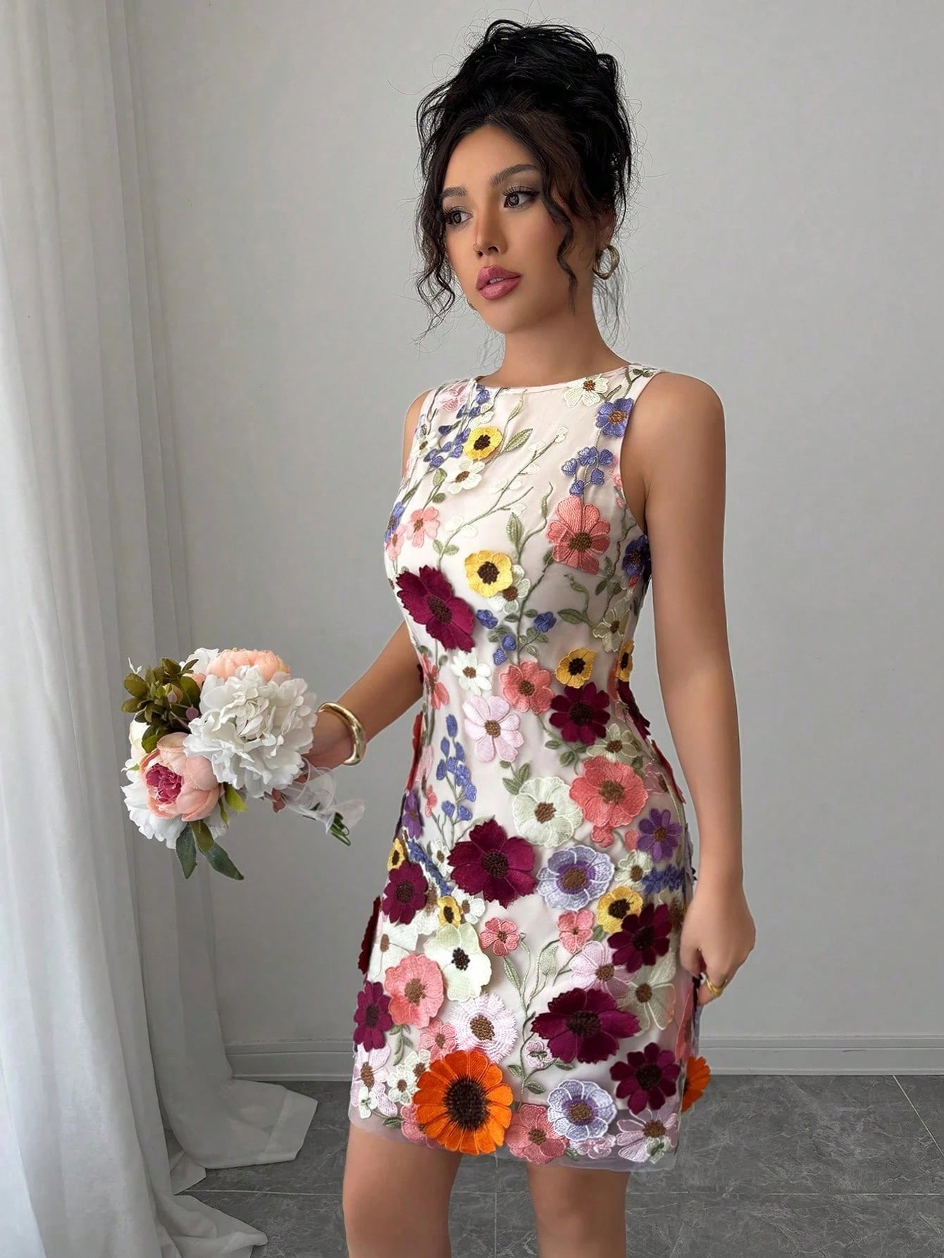 Rafferiza Women Round Neck Sleeveless Elegant Floral Bodycon Mini Dress - image 5