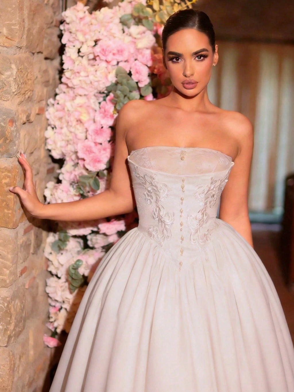 Glamrae Elegant Vintage White Summer Silky Formal Wedding Gown,French Lace Embroidery Off-Shoulder Applique - image 3