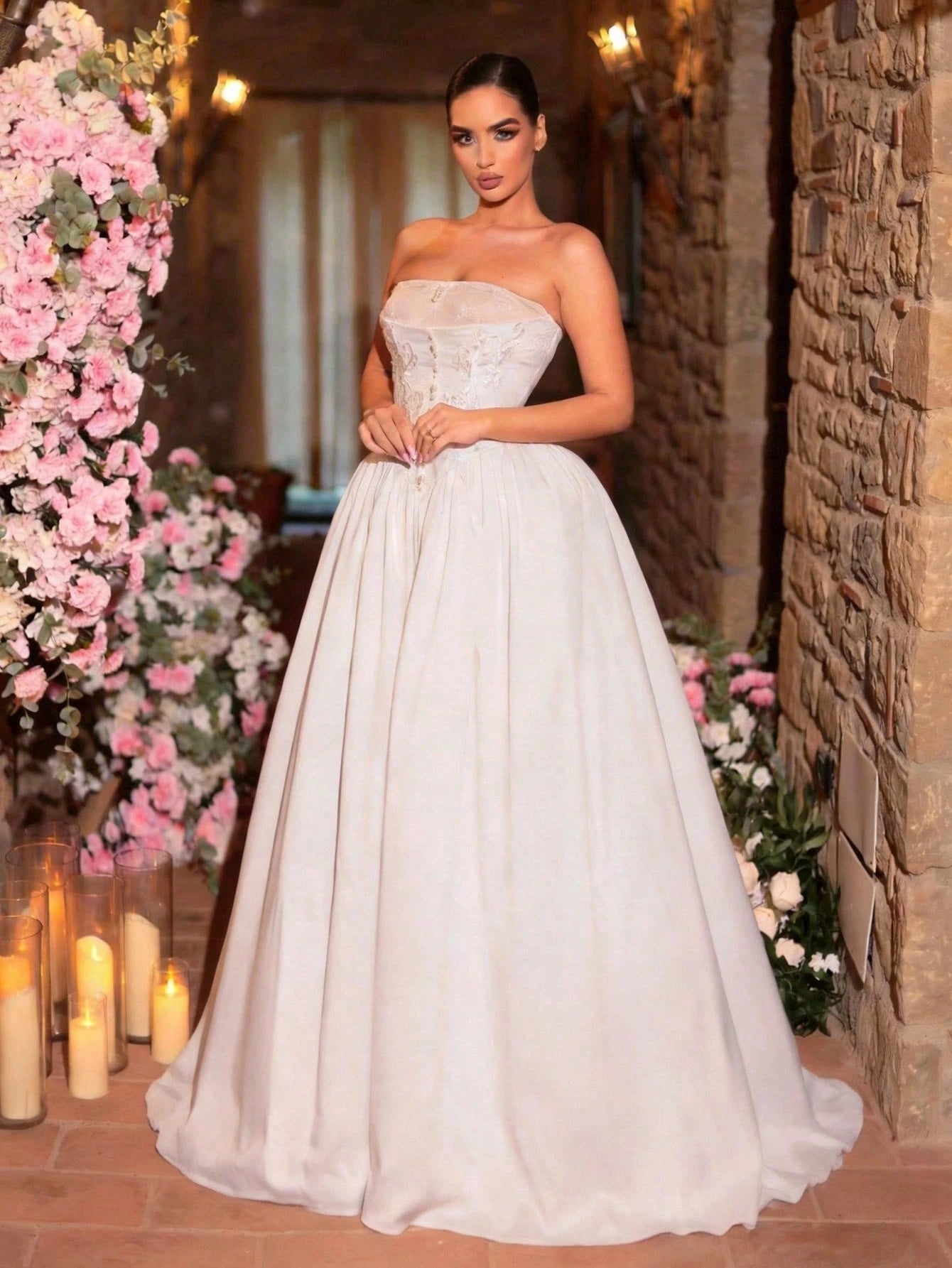 Glamrae Elegant Vintage White Summer Silky Formal Wedding Gown,French Lace Embroidery Off-Shoulder Applique - image 4