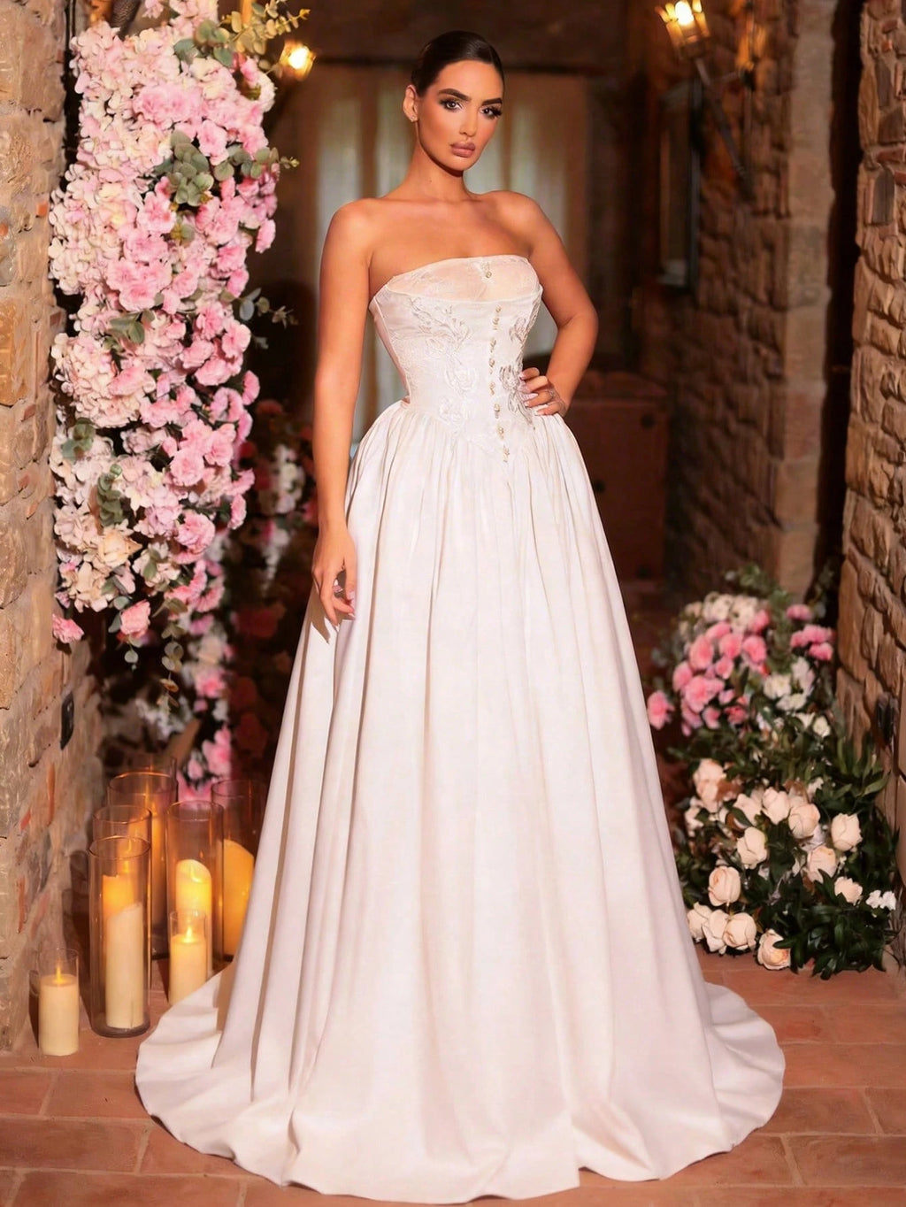 Glamrae Elegant Vintage White Summer Silky Formal Wedding Gown,French Lace Embroidery Off-Shoulder Applique - image 5