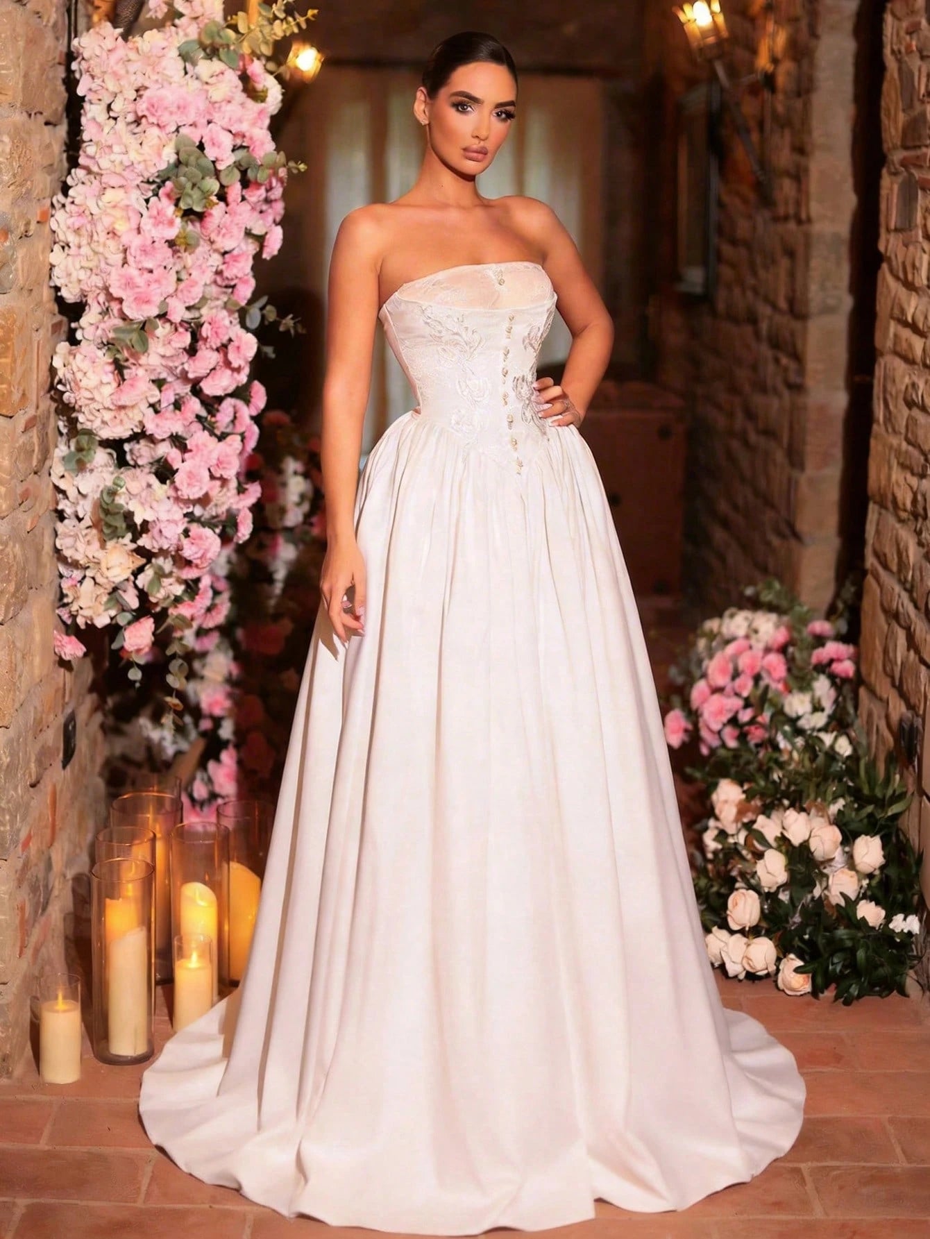 Glamrae Elegant Vintage White Summer Silky Formal Wedding Gown,French Lace Embroidery Off-Shoulder Applique - image 5