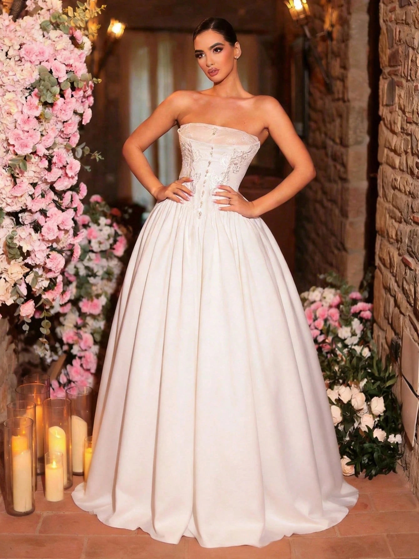 Glamrae Elegant Vintage White Summer Silky Formal Wedding Gown,French Lace Embroidery Off-Shoulder Applique - image 6