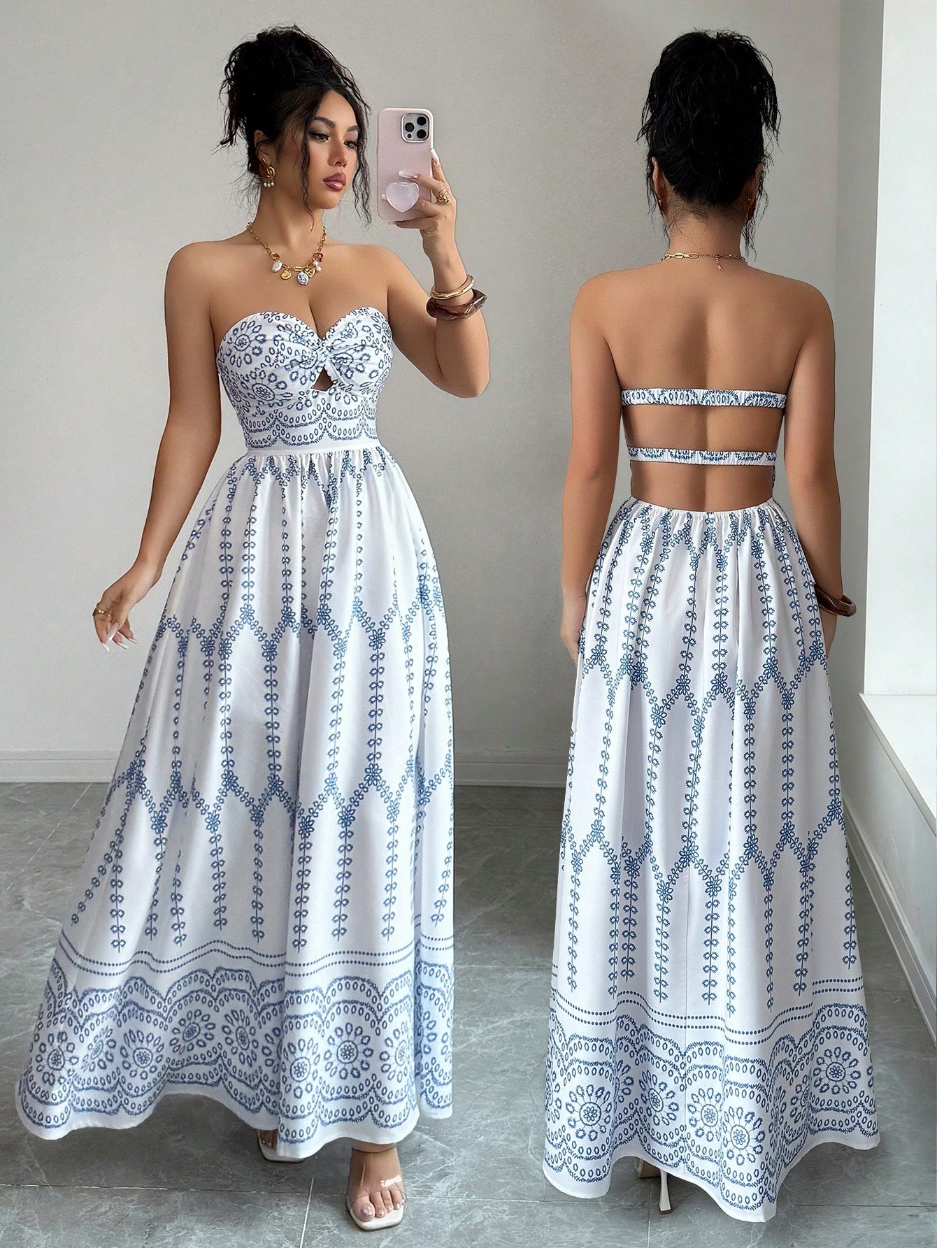 Elenzga Women's Blue And White Floral Print Boho Maxi Strapless Dress,Summer Backless Hollow-Out Tube Top - image 8
