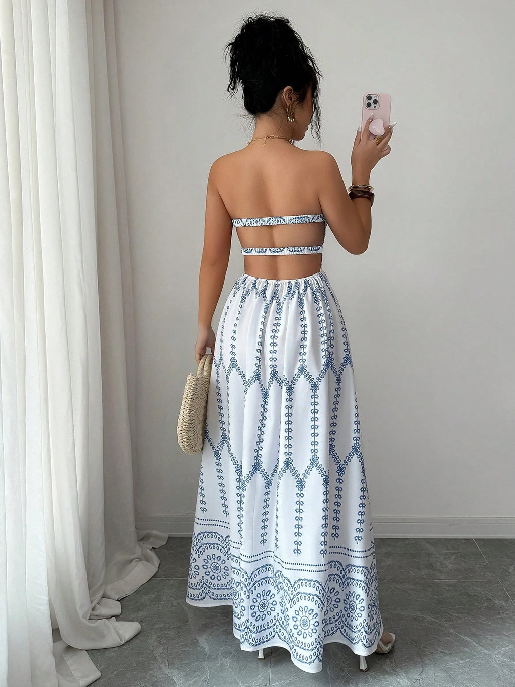 Elenzga Women's Blue And White Floral Print Boho Maxi Strapless