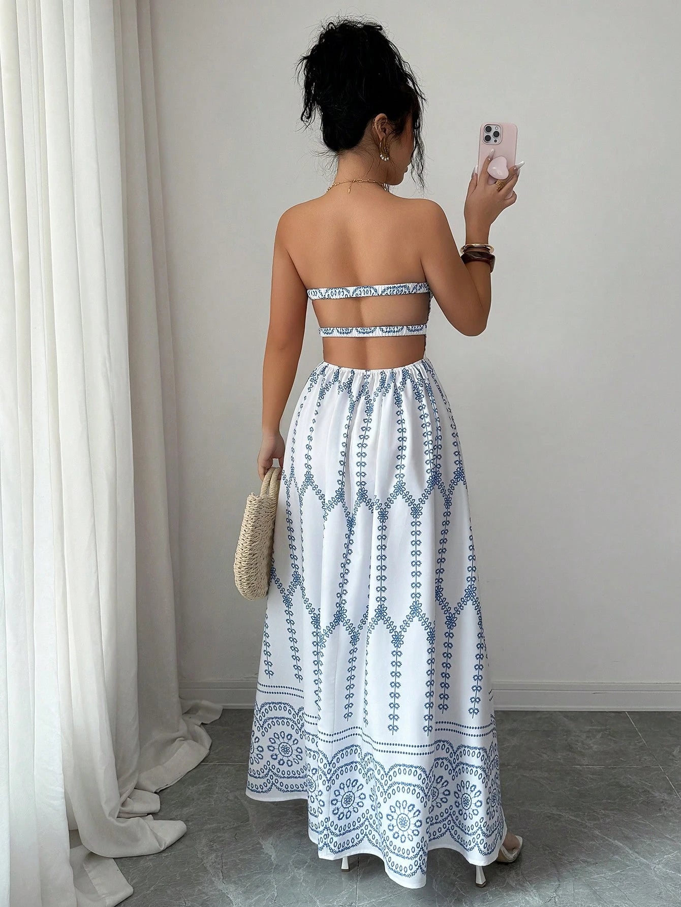 Elenzga Women's Blue And White Floral Print Boho Maxi Strapless