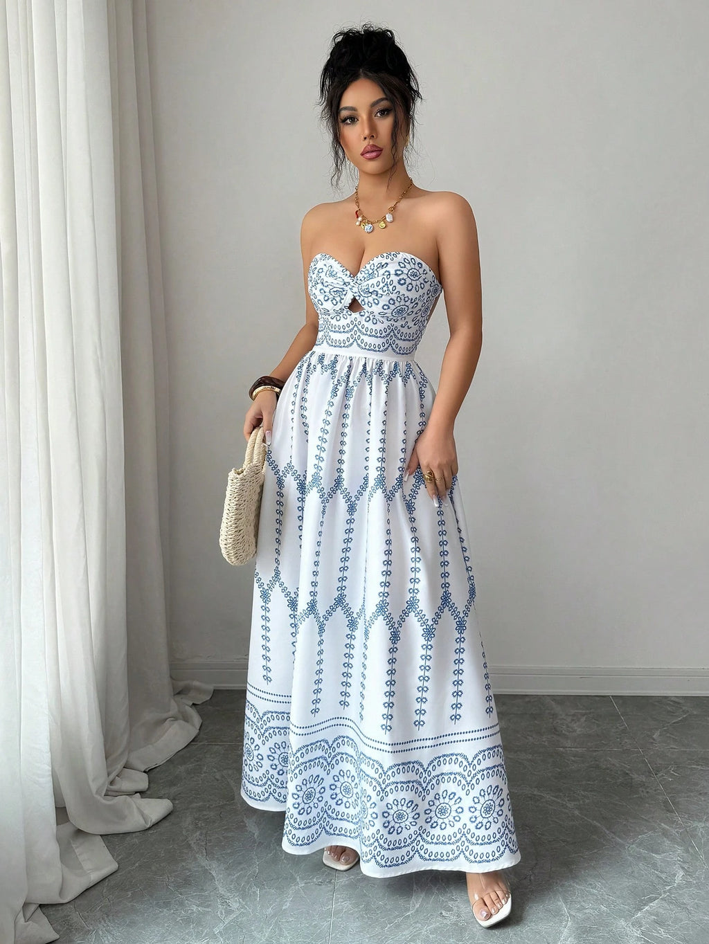 Elenzga Women's Blue And White Floral Print Boho Maxi Strapless