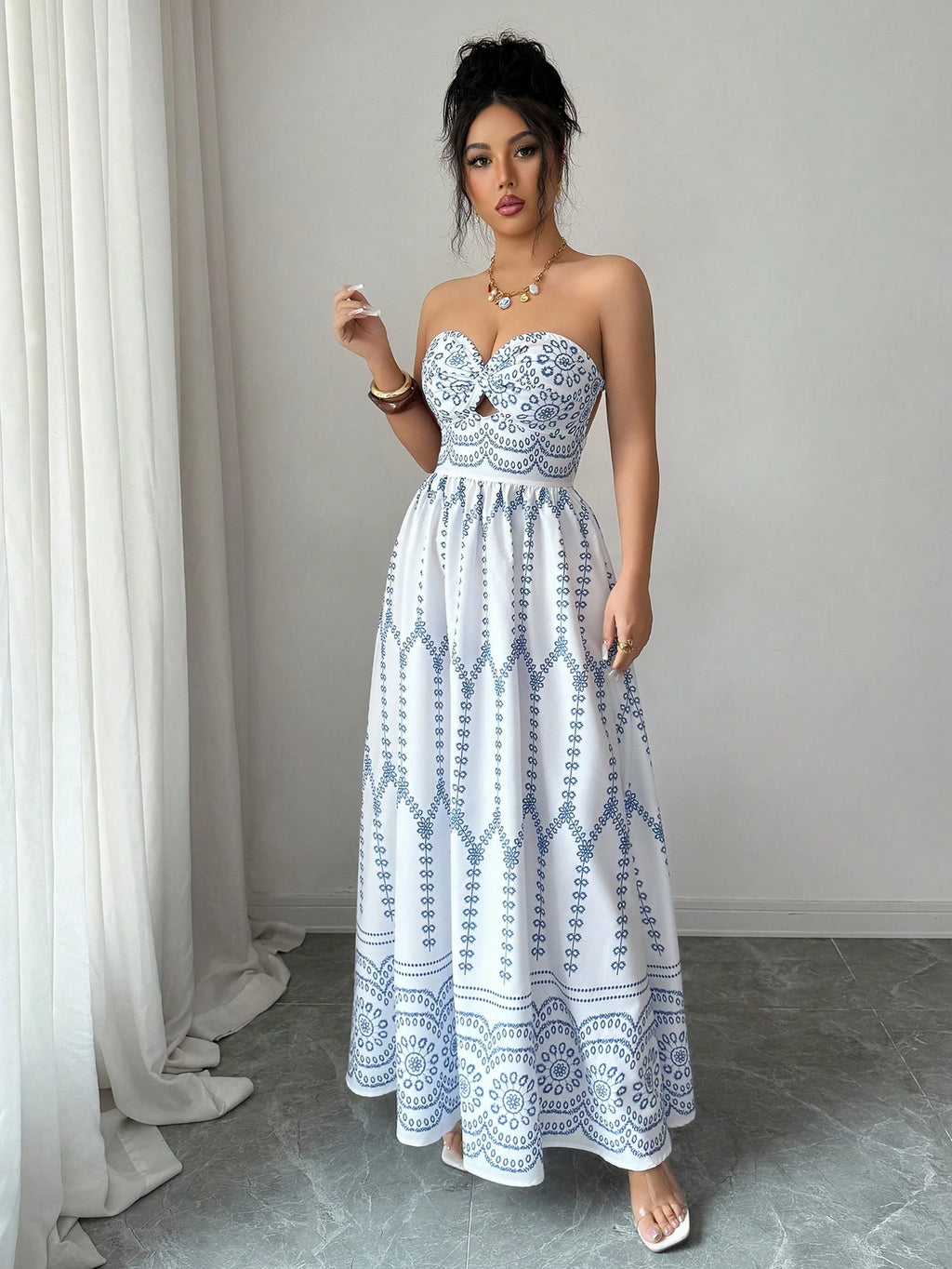 Elenzga Women's Blue And White Floral Print Boho Maxi Strapless Dress,Summer Backless Hollow-Out Tube Top - image 20