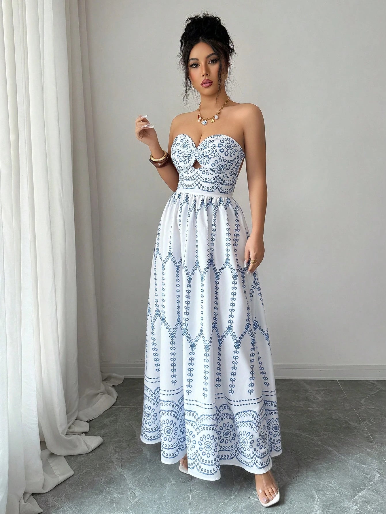 Elenzga Women's Blue And White Floral Print Boho Maxi Strapless Dress,Summer Backless Hollow-Out Tube Top - image 20