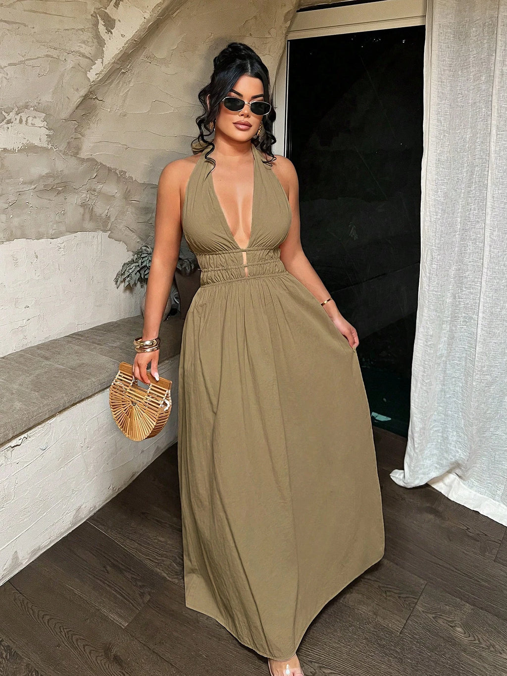 SXY Women's Sleeveless Halter Neck Backless Vacation Dress Yellow