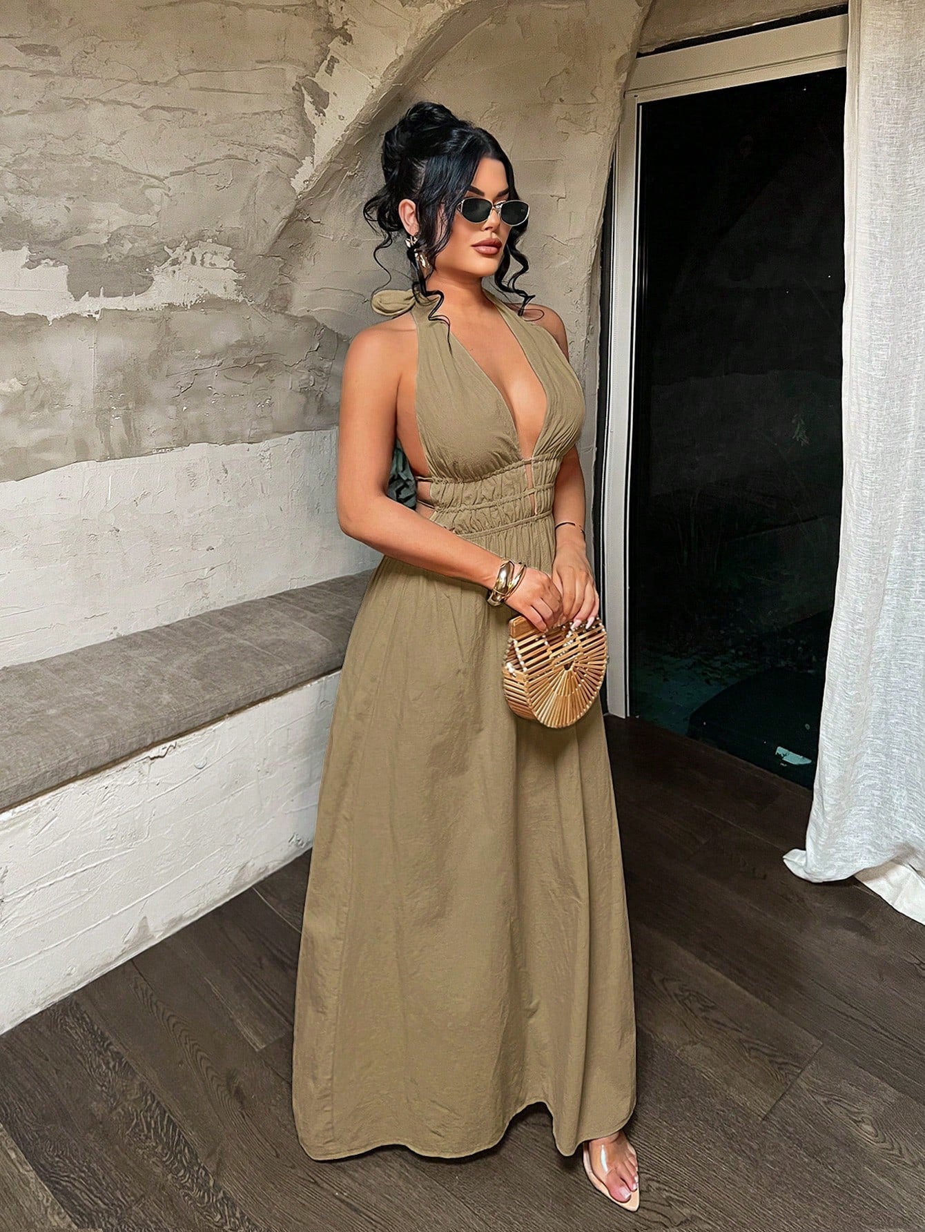 SXY Women's Solid Color Tropical Deep V Neck Ruched Design Sexy Dress,Summer Dresses For Women Beach Vacation - image 16