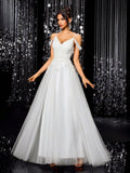 A-Line Lace Beaded Tulle Wedding Dress, Spaghetti Strap Formal Evening Gown White Spring