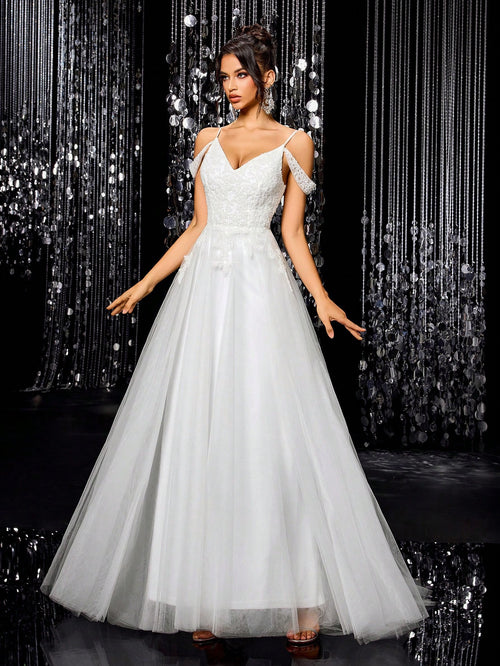 A-Line Lace Beaded Tulle Wedding Dress, Spaghetti Strap Formal Evening Gown White Spring