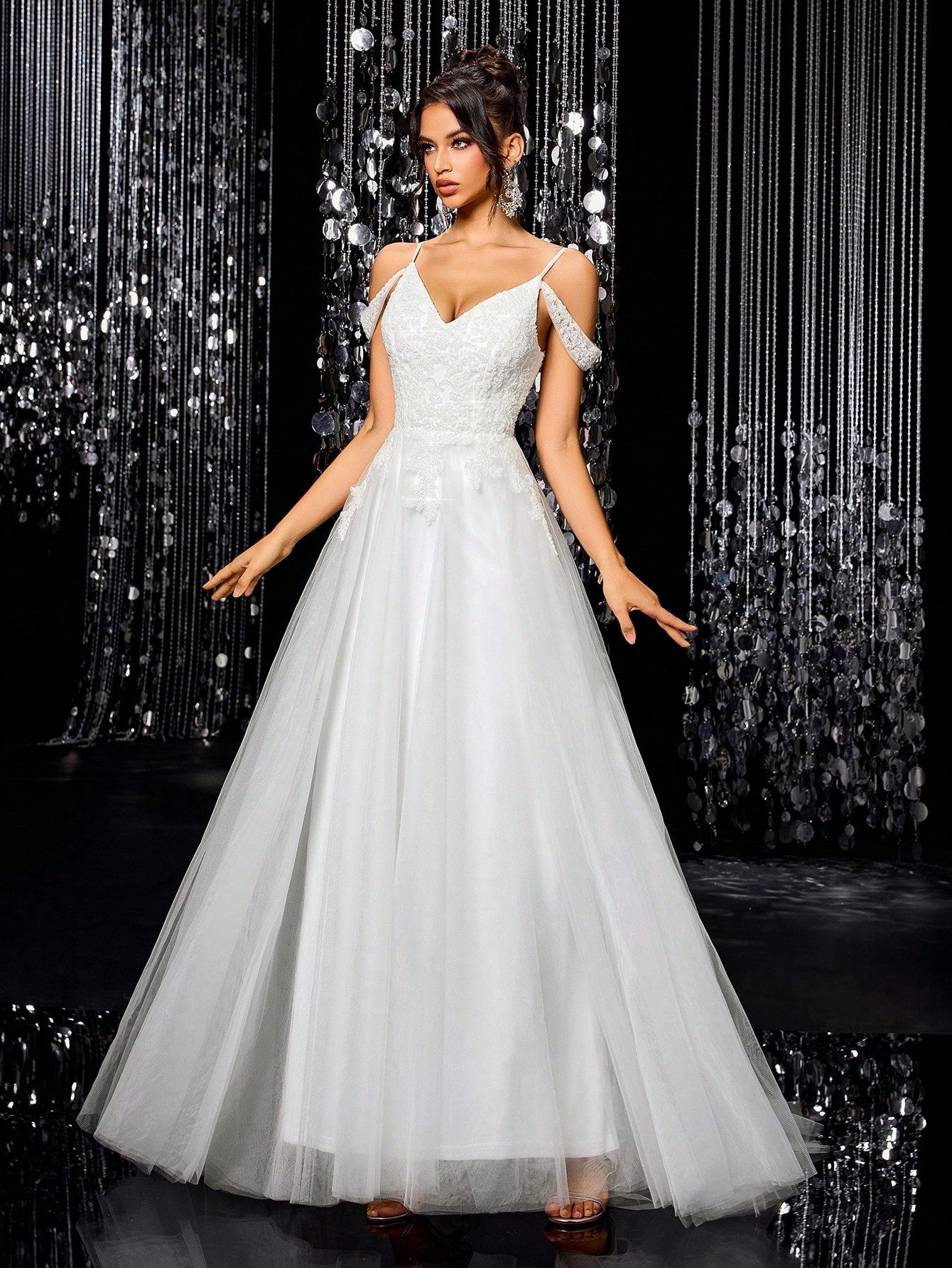 A-Line Lace Beaded Tulle Wedding Dress, Spaghetti Strap Formal Evening Gown White Spring - image 10