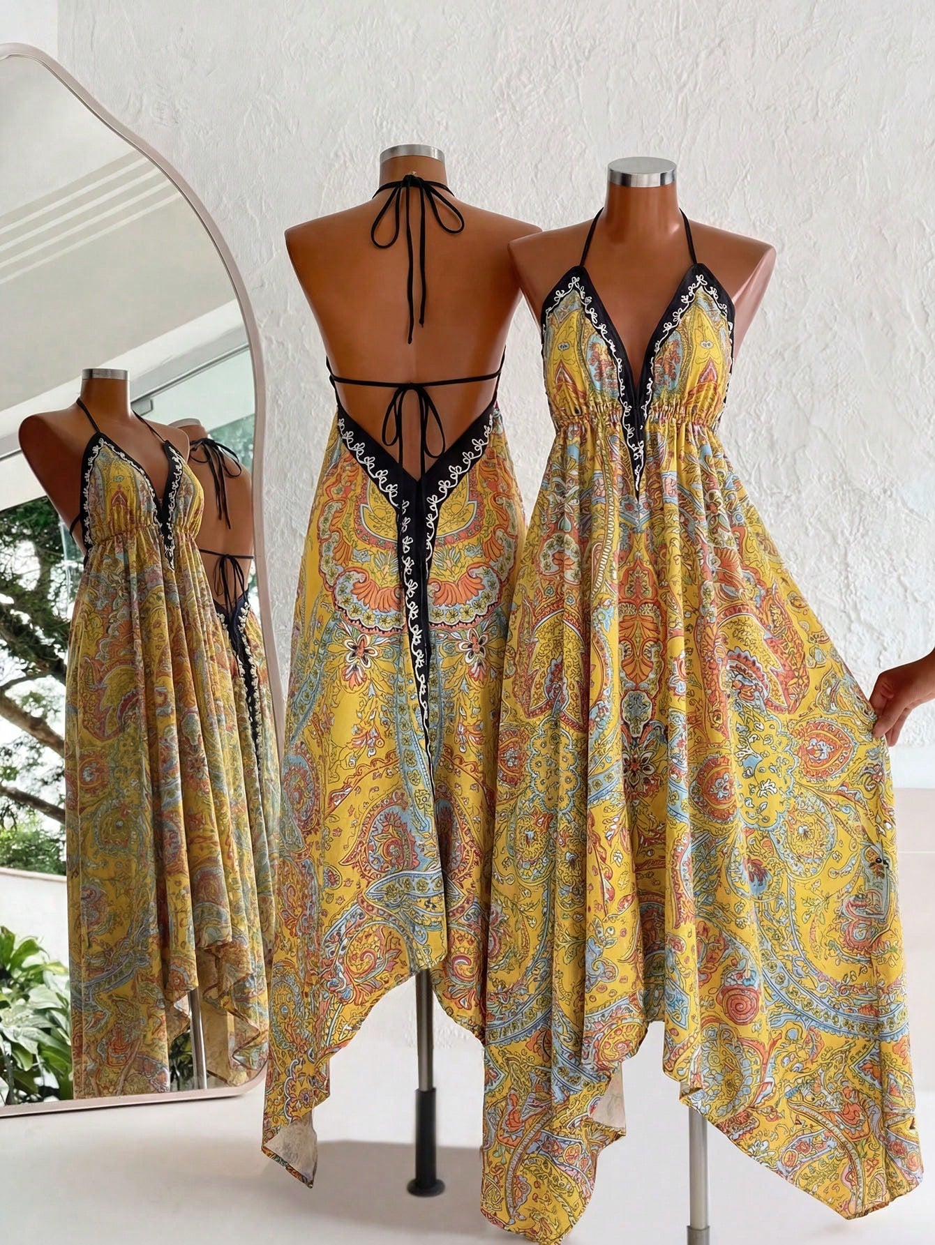 Mistrie Women's Yellow Summer Boho Beach Holiday Holiday, Halter V-Neck Cinched Waist Vintage Paisley Print - image 18