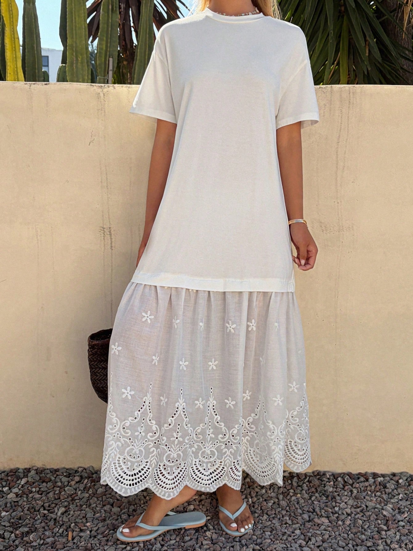 DAZY Women's Summer Round Neck Short Sleeve Lace Patchwork Vacation Style Casual Long Dress Sundress - image 7