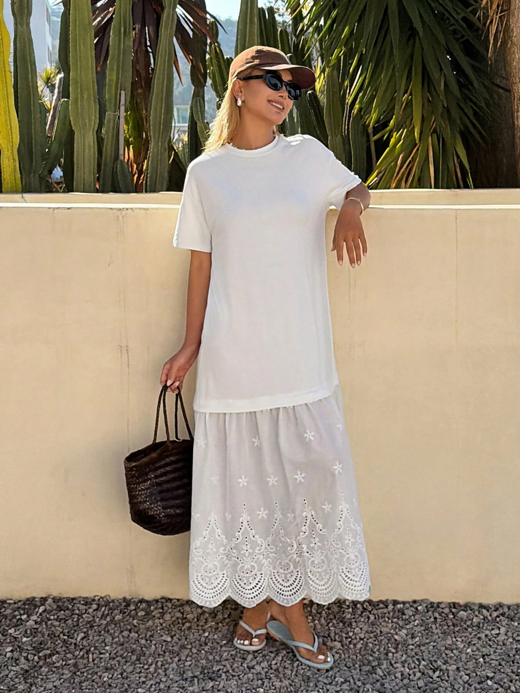 DAZY Women's Summer Round Neck Short Sleeve Lace Patchwork Vacation