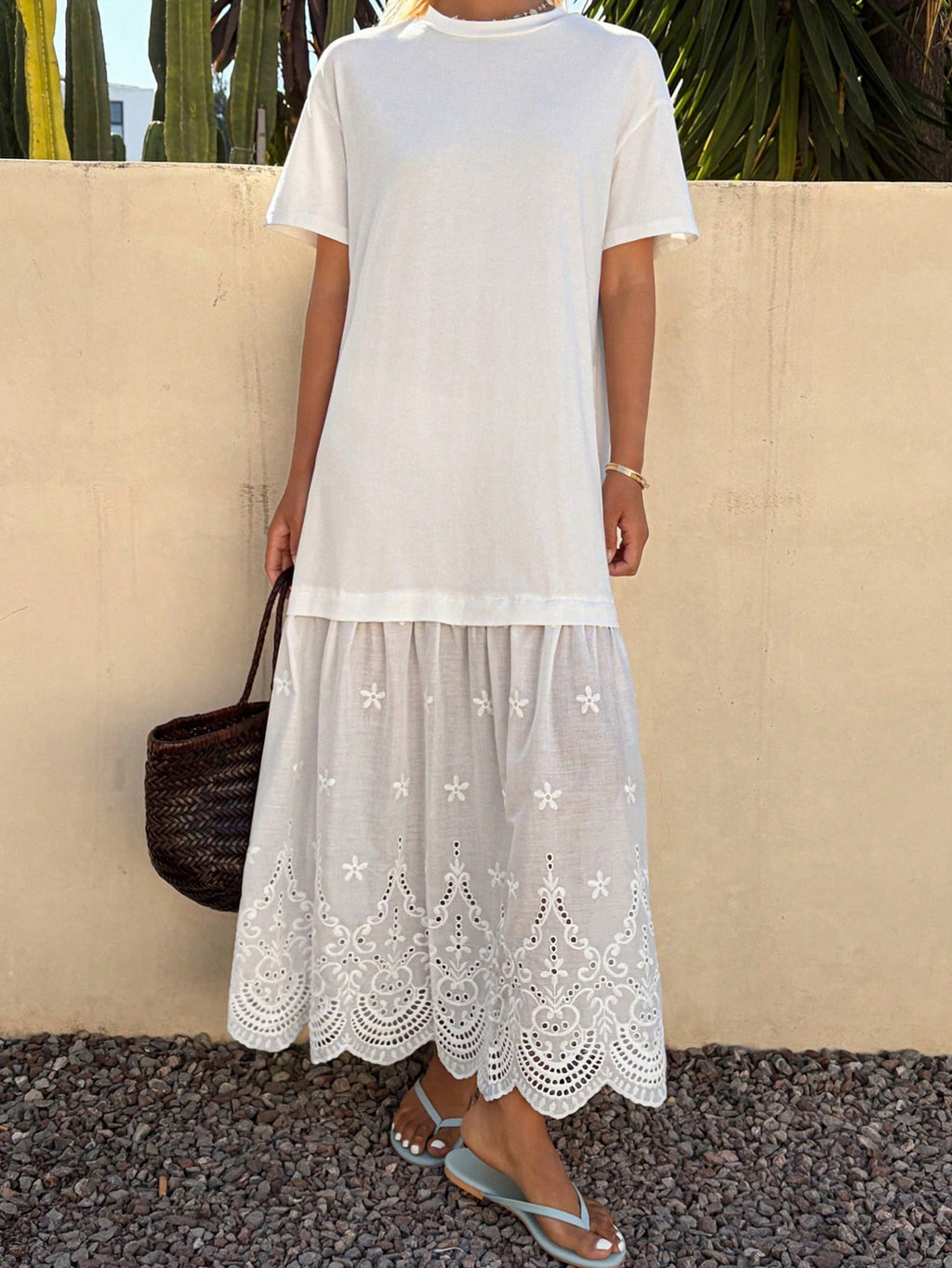 DAZY Women's Summer Round Neck Short Sleeve Lace Patchwork Vacation