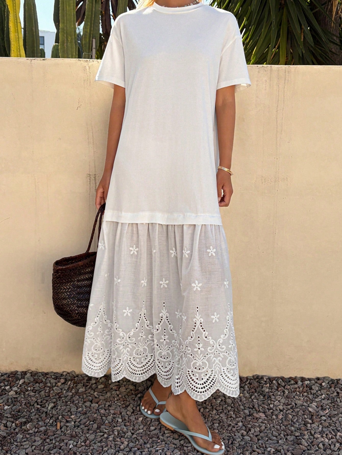 DAZY Women's Summer Round Neck Short Sleeve Lace Patchwork Vacation