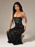 PETITE Women's Elegant Black Floral Lace Square Neck Bustier Tight