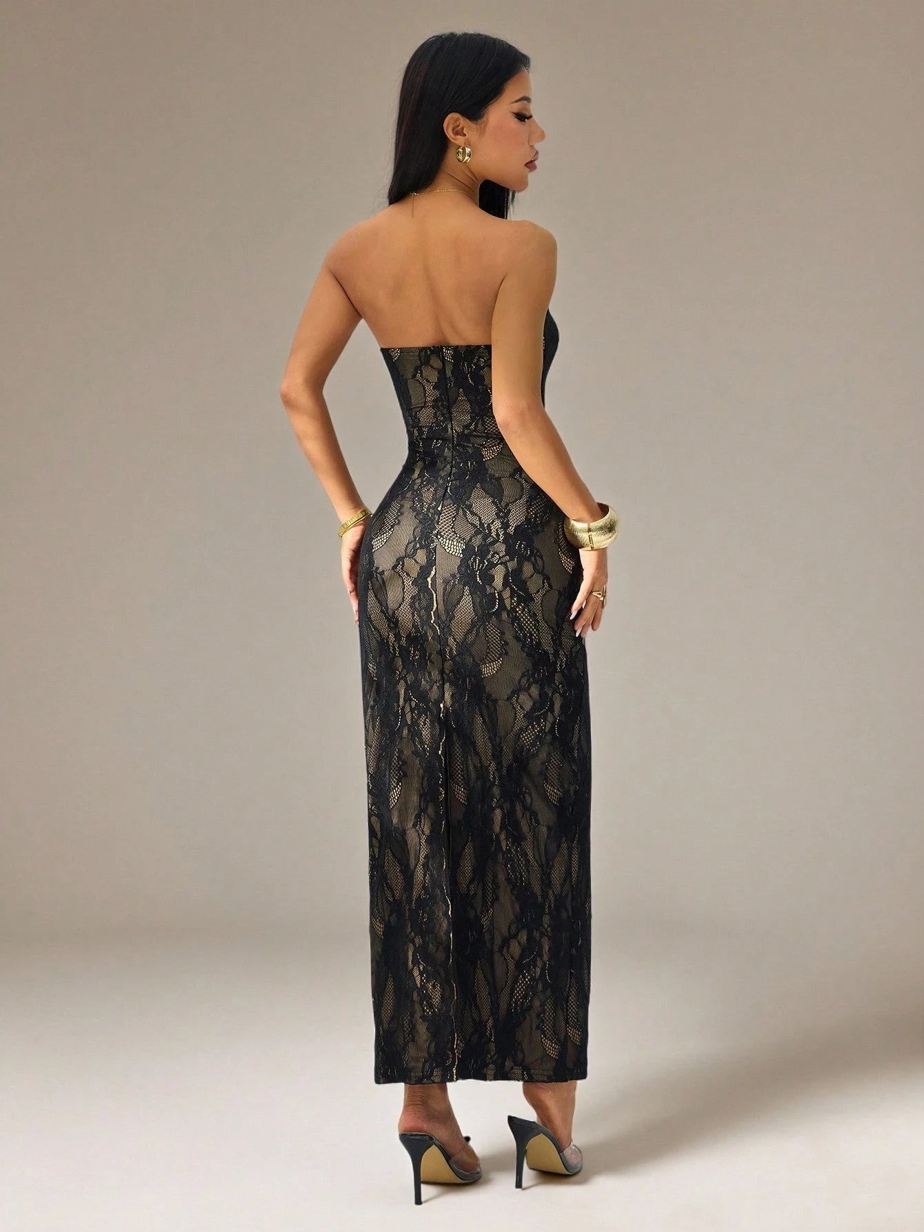 PETITE Women's Elegant Black Floral Lace Square Neck Bustier Tight Fitting Maxi Dress,Summer See Through Mesh - image 3