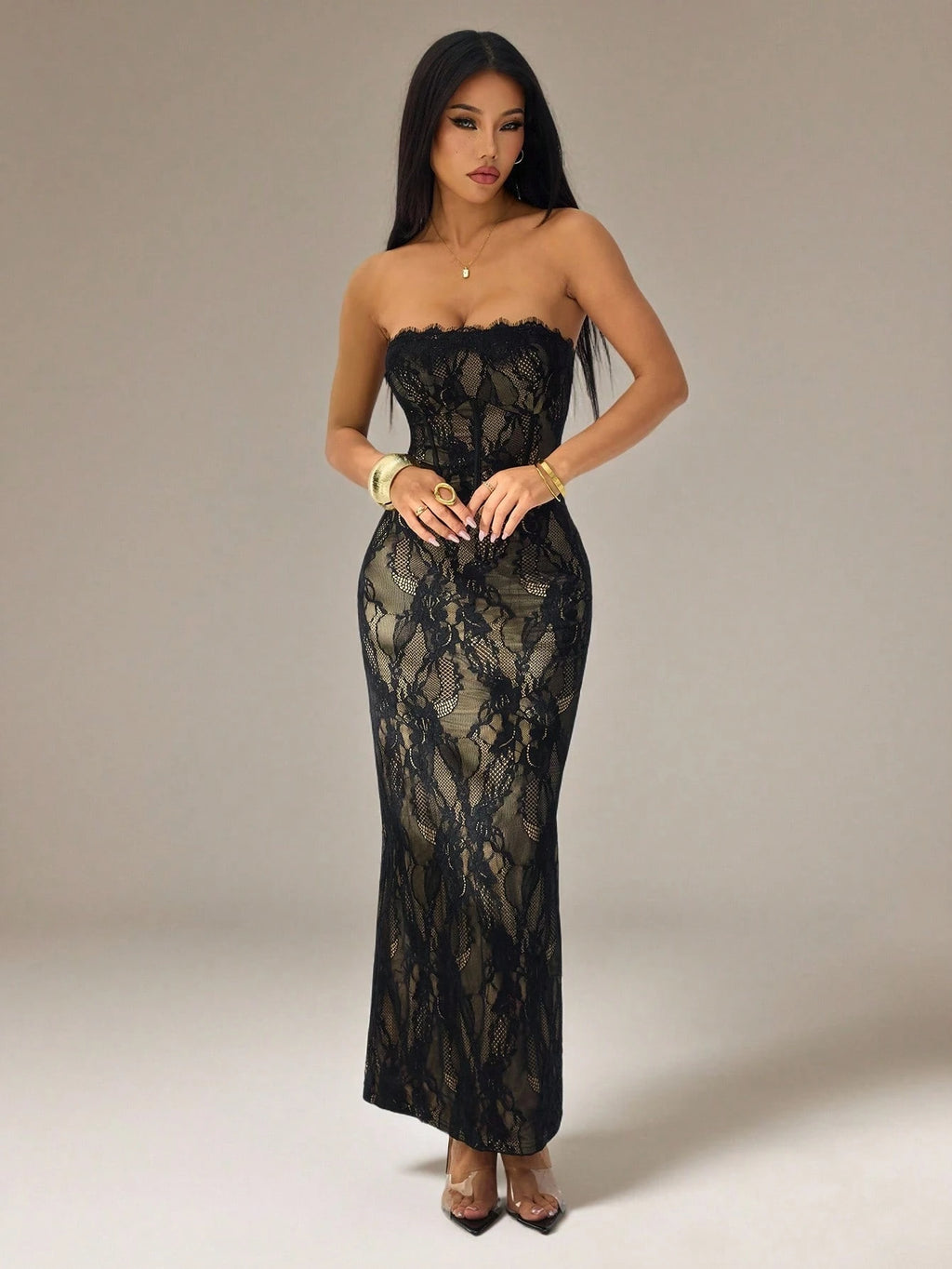 PETITE Women's Elegant Black Floral Lace Square Neck Bustier Tight