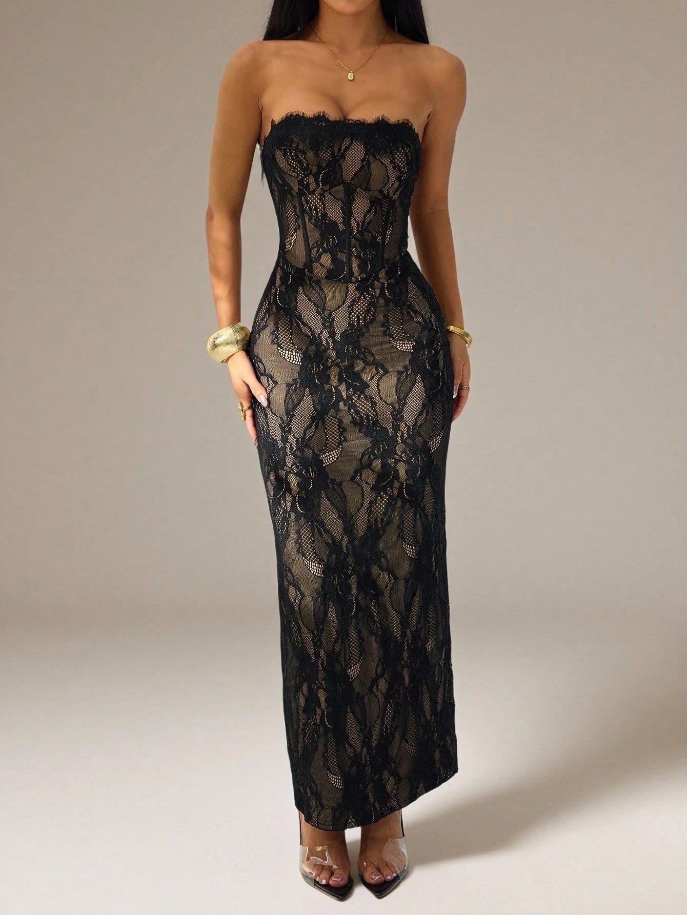 PETITE Women's Elegant Black Floral Lace Square Neck Bustier Tight
