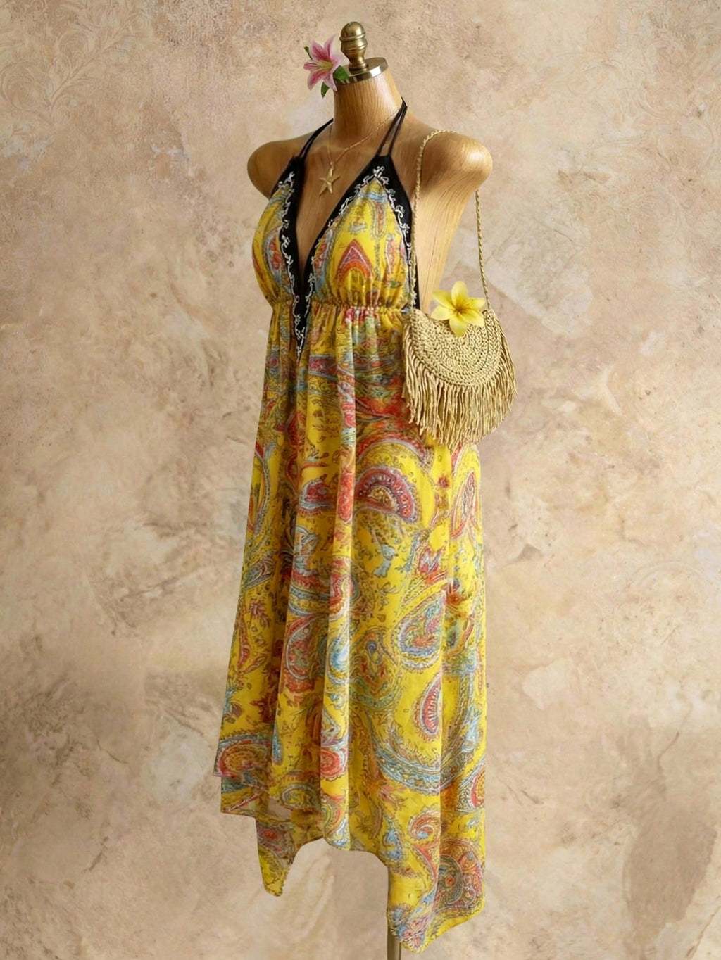 Mistrie Women's Yellow Summer Boho Beach Holiday Holiday, Halter V-Neck Cinched Waist Vintage Paisley Print - image 9