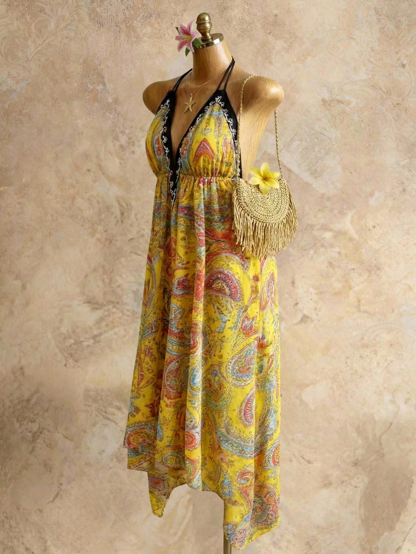 Mistrie Women's Yellow Summer Boho Beach Holiday Holiday, Halter V-Neck Cinched Waist Vintage Paisley Print - image 9