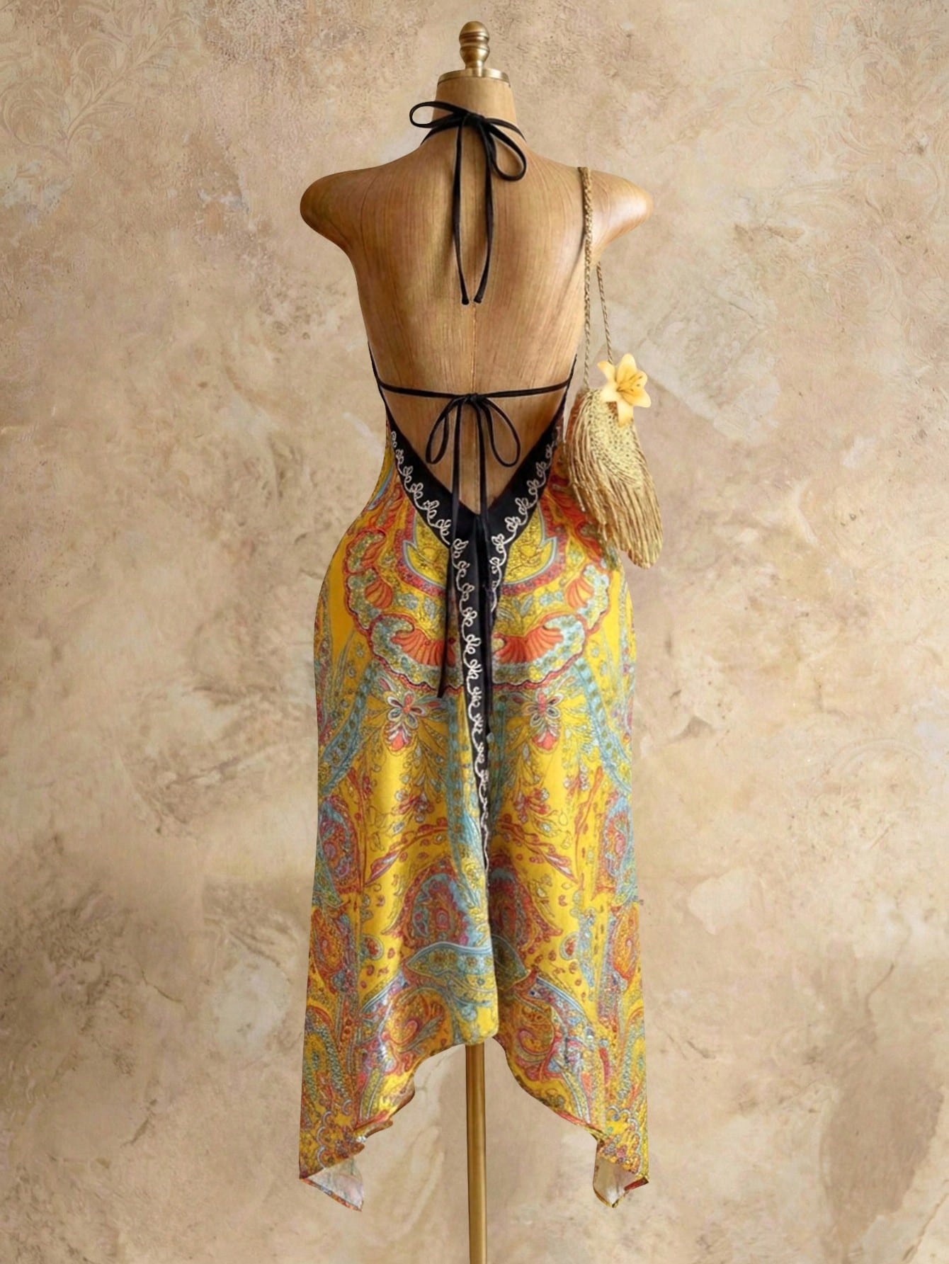 Mistrie Women's Yellow Summer Boho Beach Holiday Holiday, Halter V-Neck Cinched Waist Vintage Paisley Print - image 8