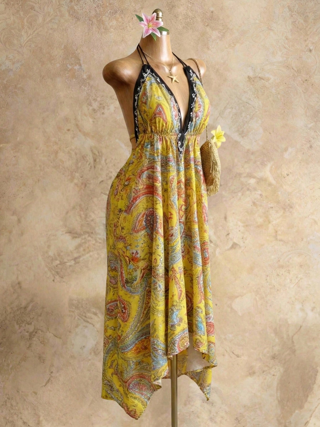 Mistrie Women's Yellow Summer Boho Beach Holiday Holiday, Halter V-Neck Cinched Waist Vintage Paisley Print - image 7