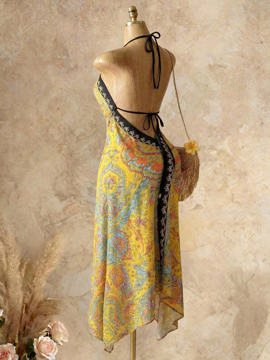 Mistrie Women's Yellow Summer Boho Beach Holiday Holiday, Halter V-Neck Cinched Waist Vintage Paisley Print - image 10