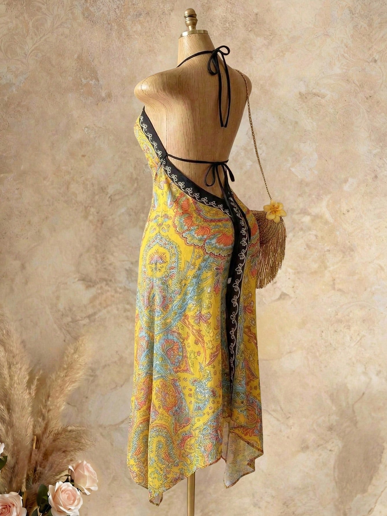 Mistrie Women's Yellow Summer Boho Beach Holiday Holiday, Halter V-Neck Cinched Waist Vintage Paisley Print - image 10