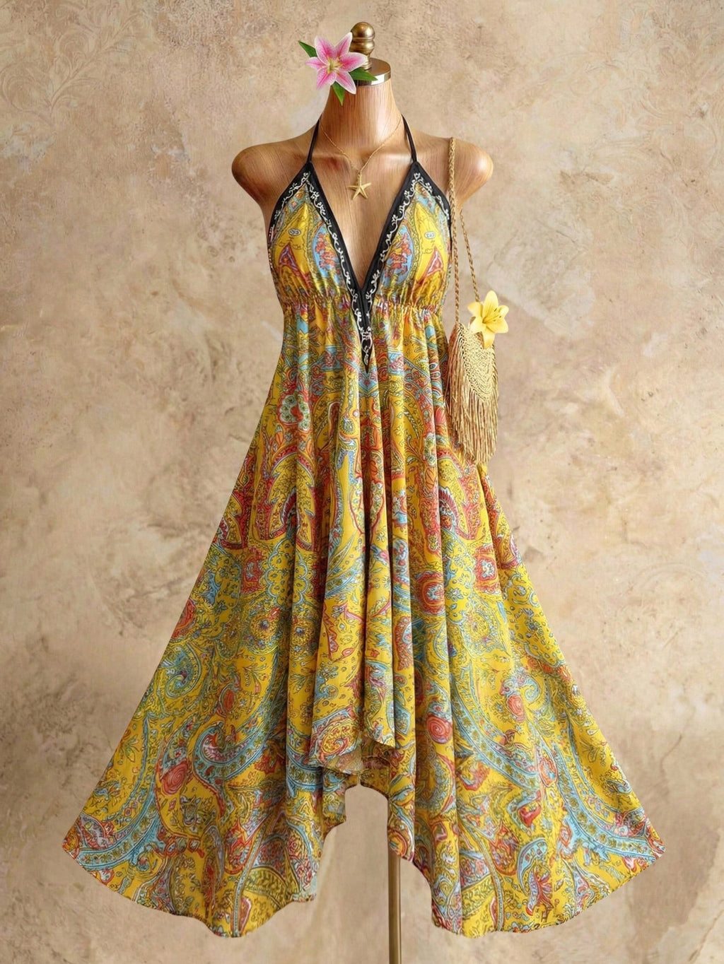 Mistrie Women's Yellow Summer Boho Beach Holiday Holiday, Halter V-Neck Cinched Waist Vintage Paisley Print - image 17