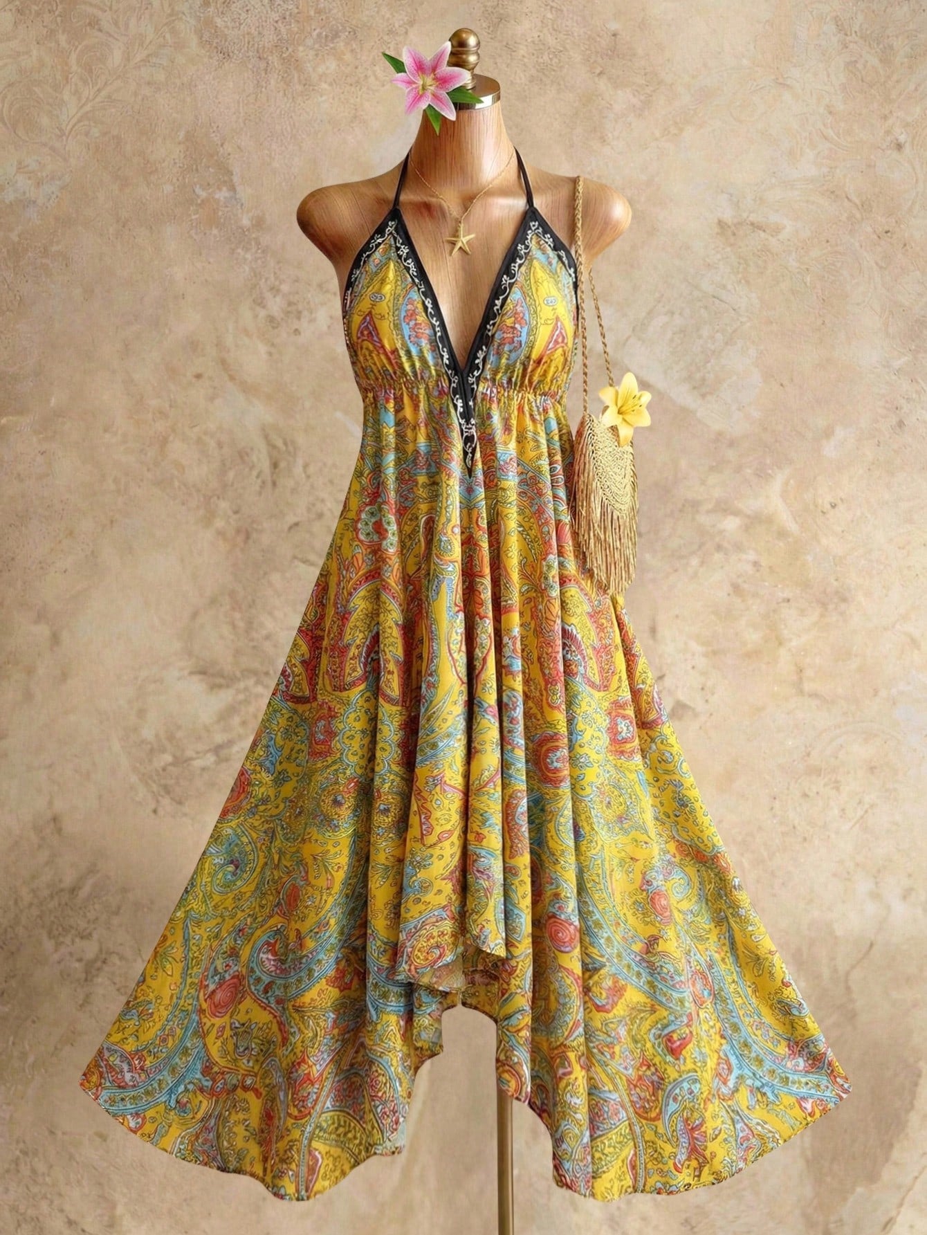 Mistrie Women's Yellow Summer Boho Beach Holiday Holiday, Halter V-Neck Cinched Waist Vintage Paisley Print - image 17