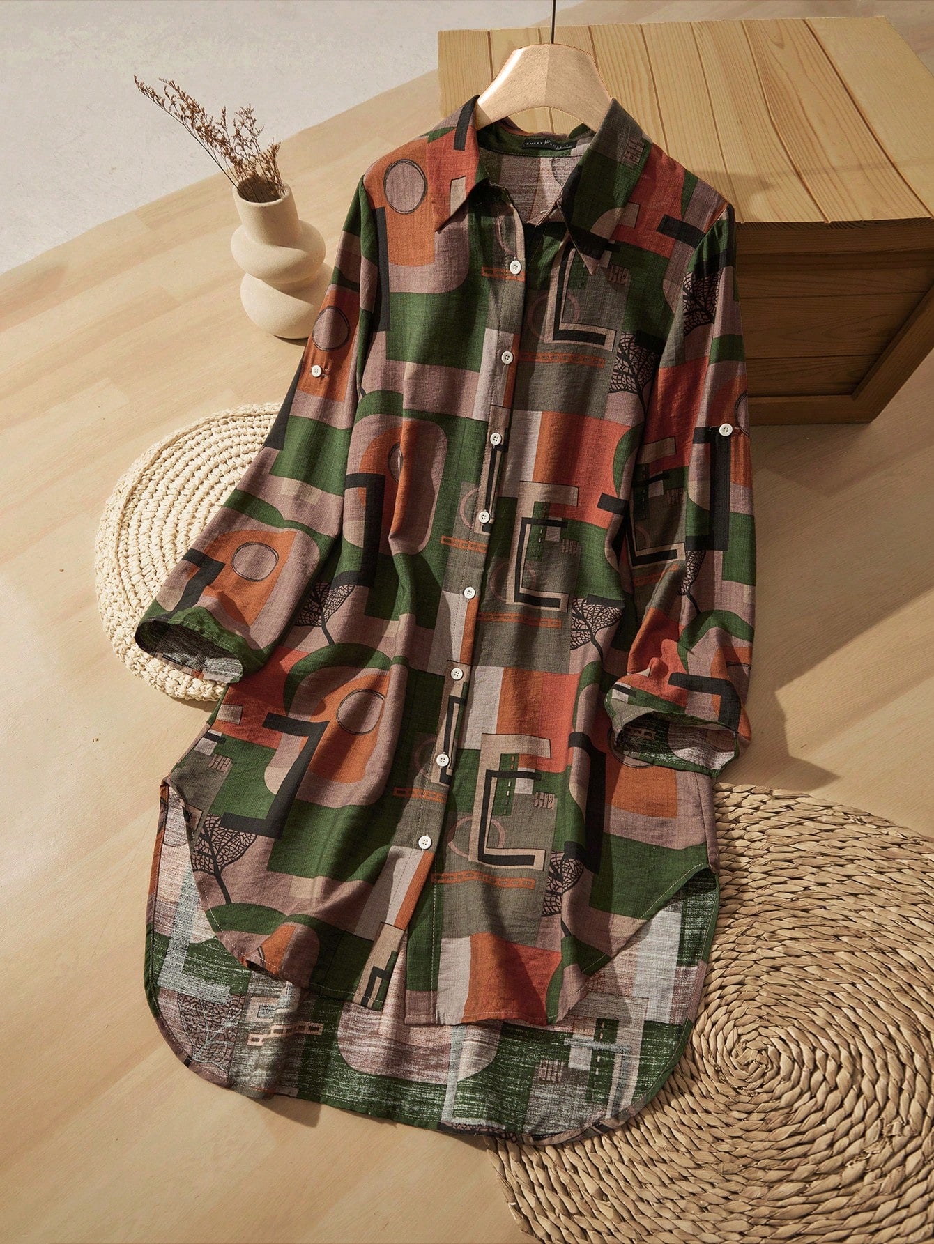 Rusticease Women Short Color Block Retro Casual Pattern Dresses For Autumn Travel Green - image 9