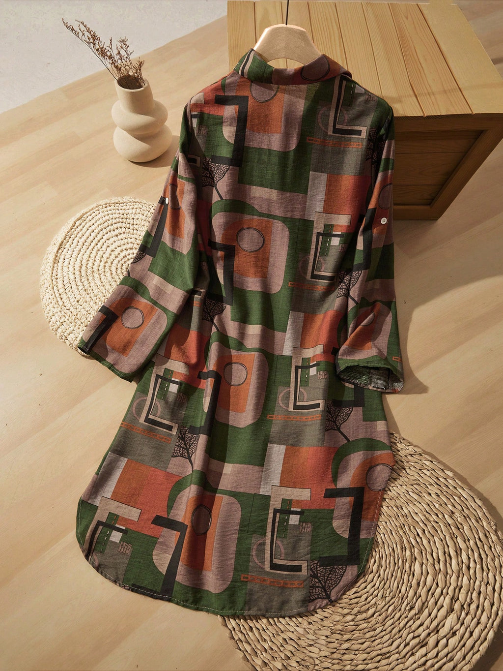 Rusticease Women Short Color Block Retro Casual Pattern Dresses For Autumn Travel Green - image 8